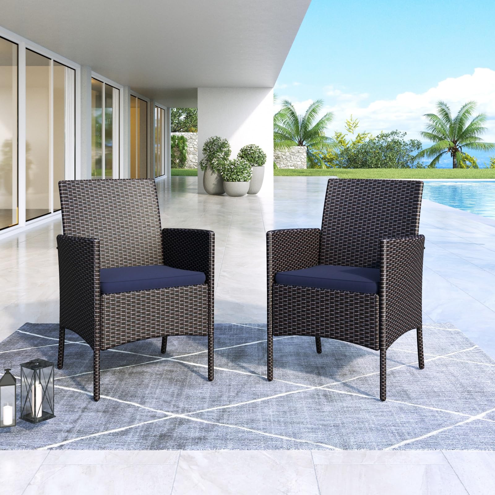 MFSTUDIO 2-Piece Brown Wicker Patio Dining Chairs Set with Cushions - Heavy Duty 330lbs Capacity Rattan Outdoor Furniture for Garden, Poolside, and Backyard Relaxation
