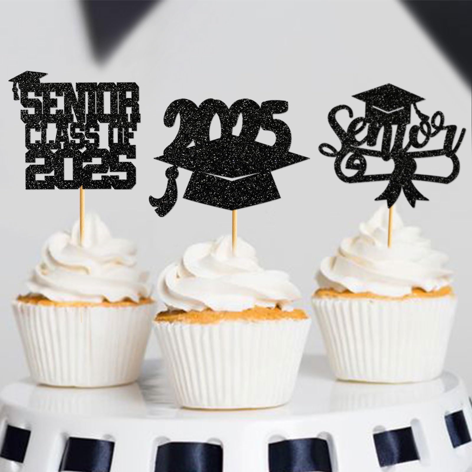 40Pcs Graduation Cupcake Toppers 2025 - Black Glitter Senior Class of 2025 Cupcake Decorations with Diploma & Grad Cap Picks - Perfect for High School Graduation Party Supplies, College Graduation Celebrations & Commencement Dessert Decor