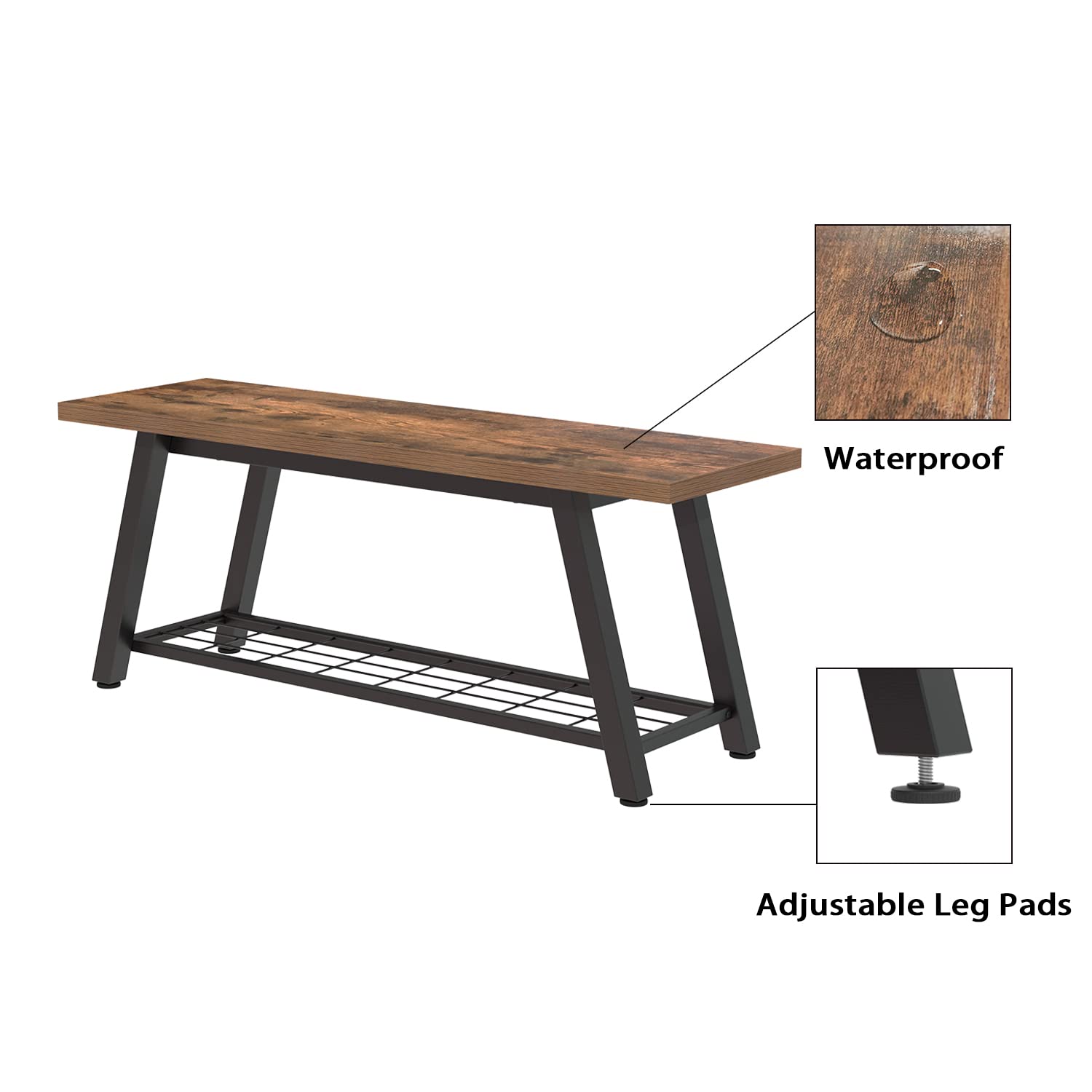 Industrial Rustic Wooden and Metal Storage Bench - Entryway Shoe & Boot Organizer, Long Hallway Seat for Bedroom, Farmhouse Style (Retro Brown) - Perfect for Mudrooms, Living Rooms & Small Spaces