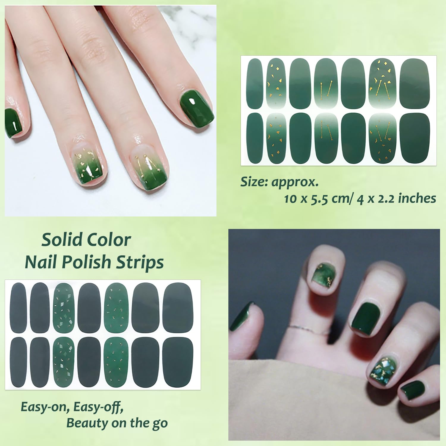 20 Sheets Green Solid Color Nail Polish Strips with Nail File | Self-Adhesive St. Patrick's Day Nail Art Wraps | Easy DIY Nail Stickers for Women | Perfect for Parties, Holidays & Everyday Wear