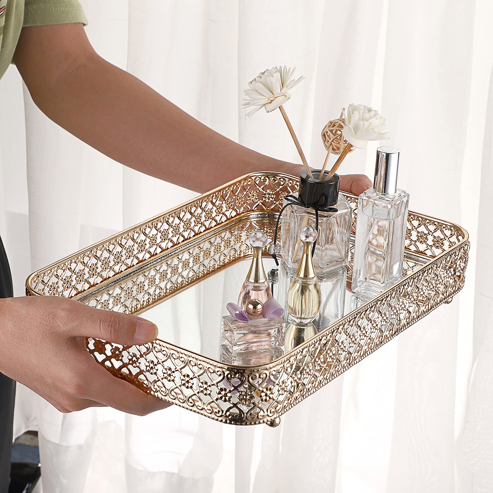 ELLDOO Gold Vanity Tray for Jewelry & Makeup - Hollow-Carved Glass & Metal Organizer with Mirror, Dresser & Bathroom Countertop Storage (Medium Size) - Perfect for Displaying Perfume Bottles, Rings & Cosmetics
