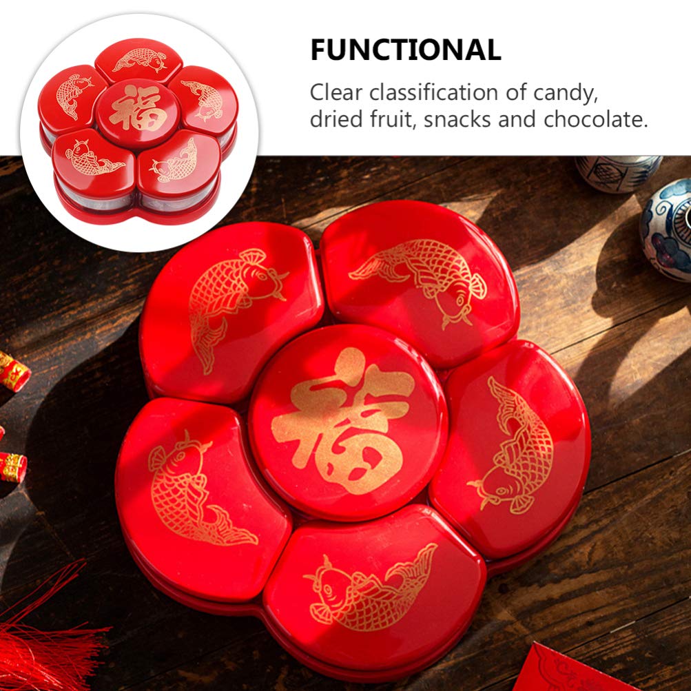 Hemoton 6-Compartment Rotating Candy Dish with Lid - Snack Storage Tray for Dried Fruits, Nuts, Chocolates - Perfect for Home, Chinese New Year, Wedding Party, Office Snacks (Red)