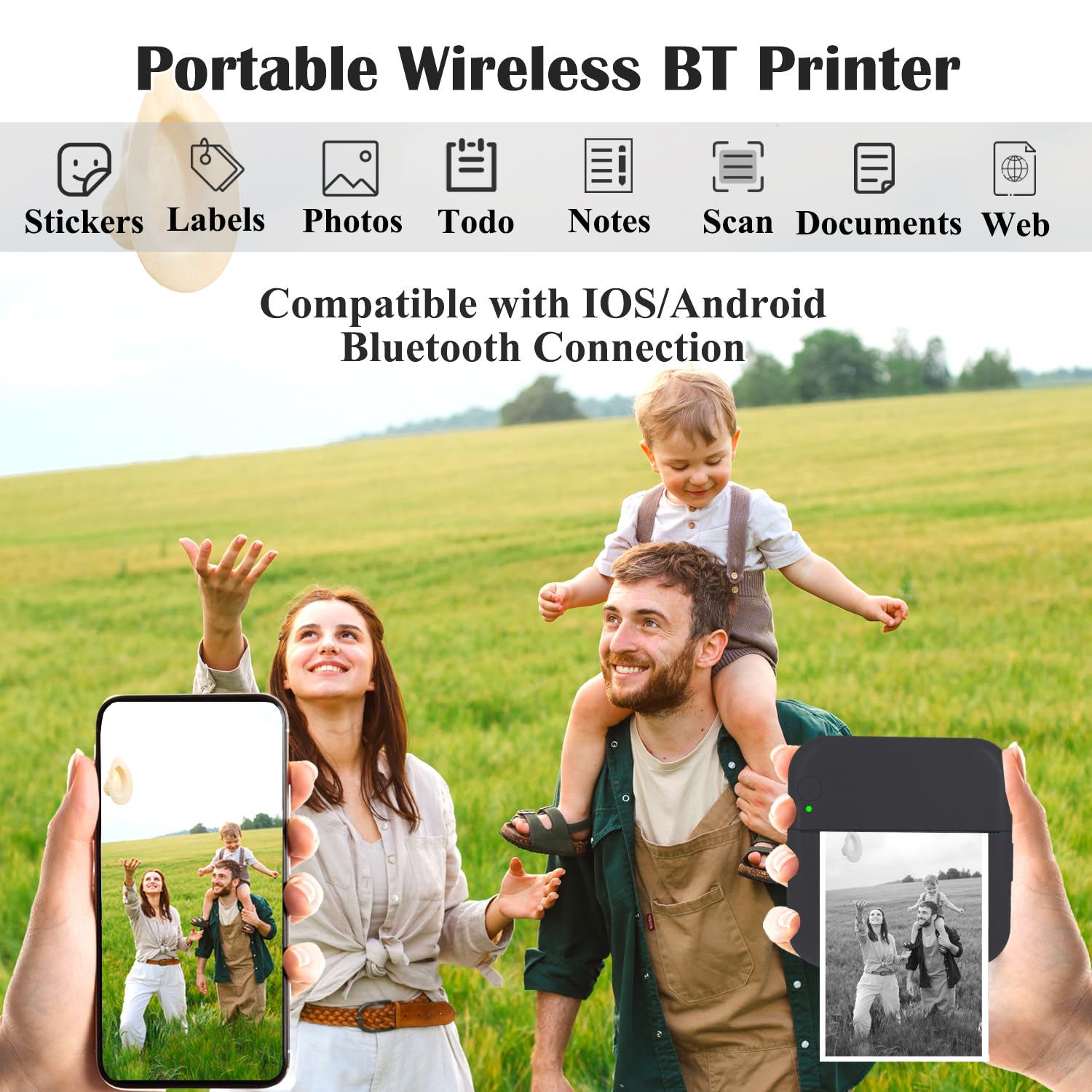 Mini Thermal Inkless Sticker Printer with 14 Rolls Paper - Wireless Portable Pocket Printer for iPhone, Android, Tablet - Print Photos, Stickers, Labels & Notes - Perfect for Home, Office, School & Travel (Black)