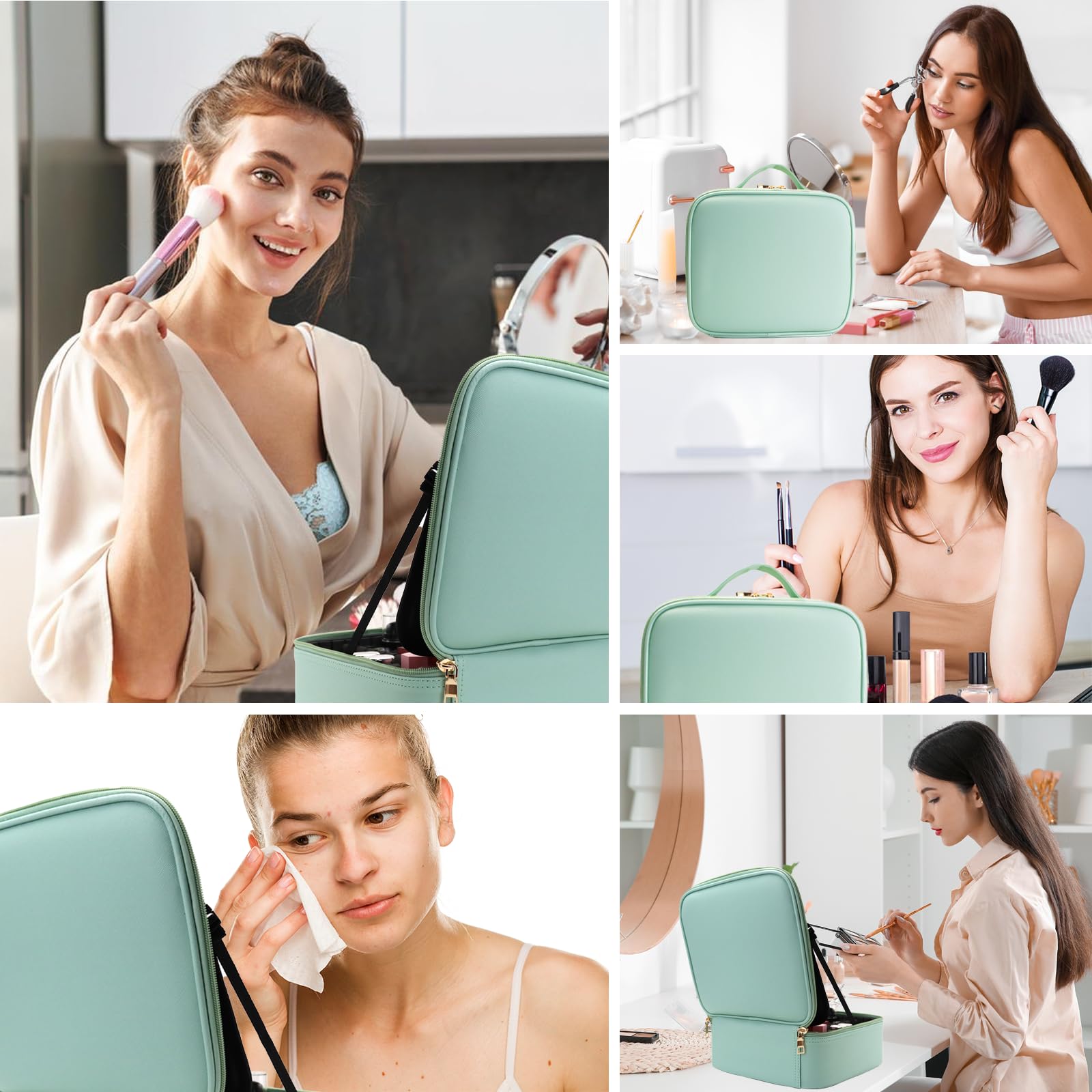 LED Lighted Travel Makeup Bag with Mirror - Portable Cosmetic Organizer with Adjustable Dividers for Makeup Brushes & Toiletries (Light Green) | Perfect for Travel, Home Use & On-the-Go Touchups