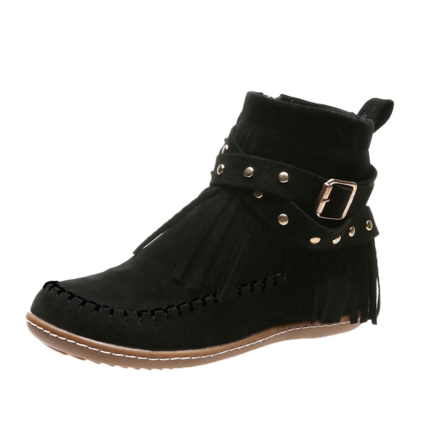 Stylish Women's Suede Ankle Boots with Tassel Detail - Flat Heel, Round Toe & Side Zipper - Retro Dressy Booties for Casual Outfits & Office Wear