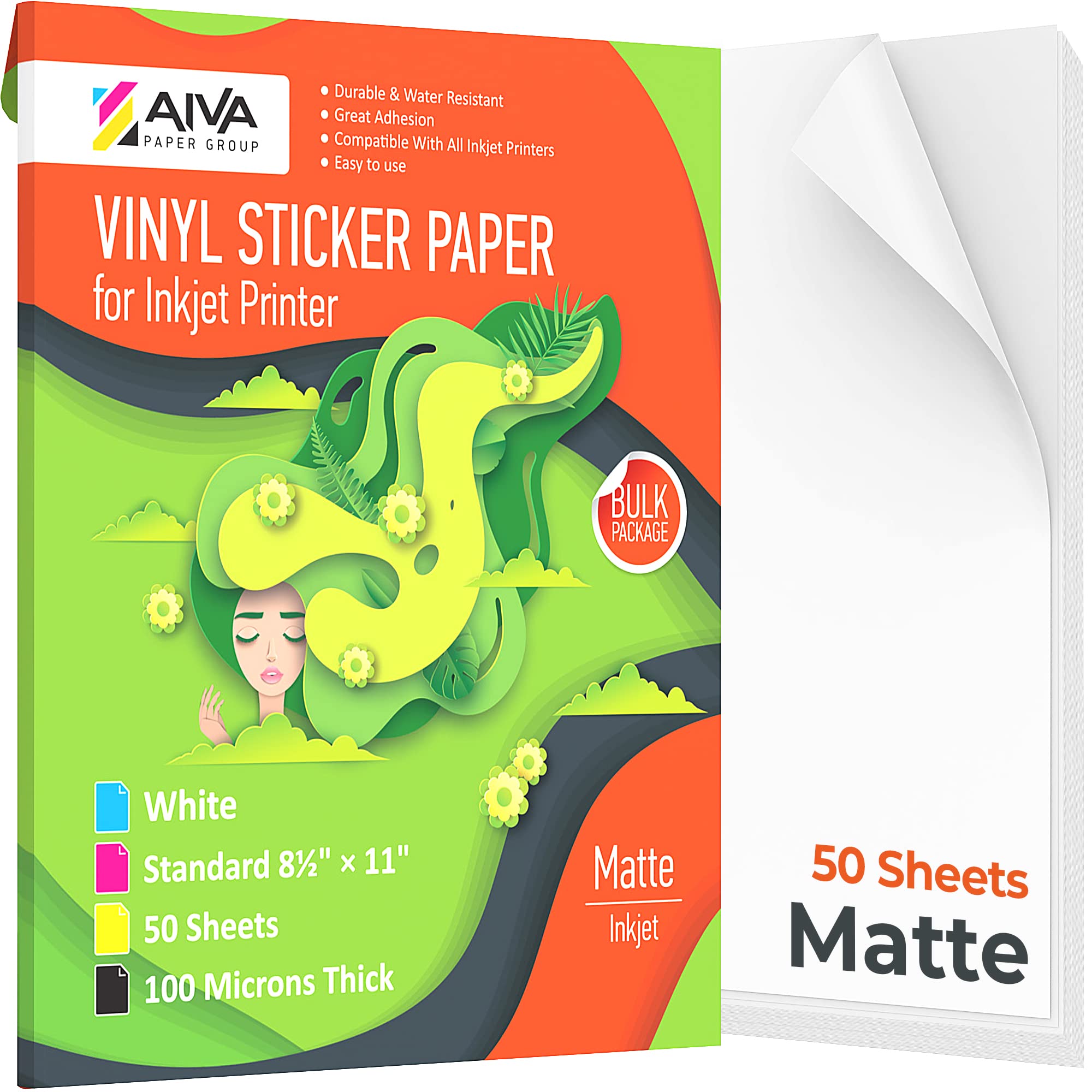 Waterproof Printable Vinyl Sticker Paper for Inkjet Printers - 50 Self-Adhesive Matte White Sheets - 8.5