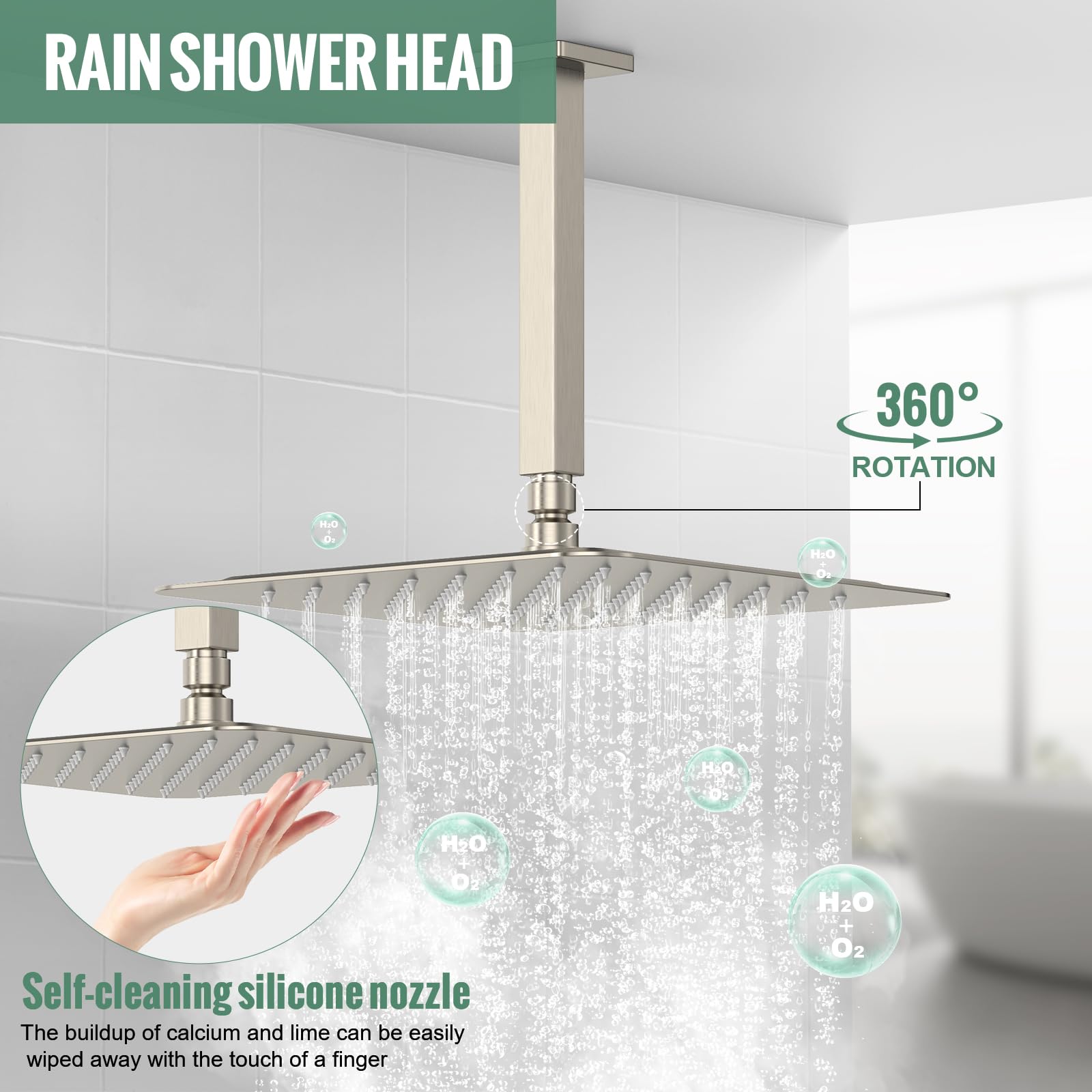 SunCleanse Brushed Nickel Ceiling Mount Rain Shower System - 12 Inch Square High Pressure Shower Head with Handheld Sprayer & Mixer Valve - Perfect for Spa-Like Luxury Bathroom Experience