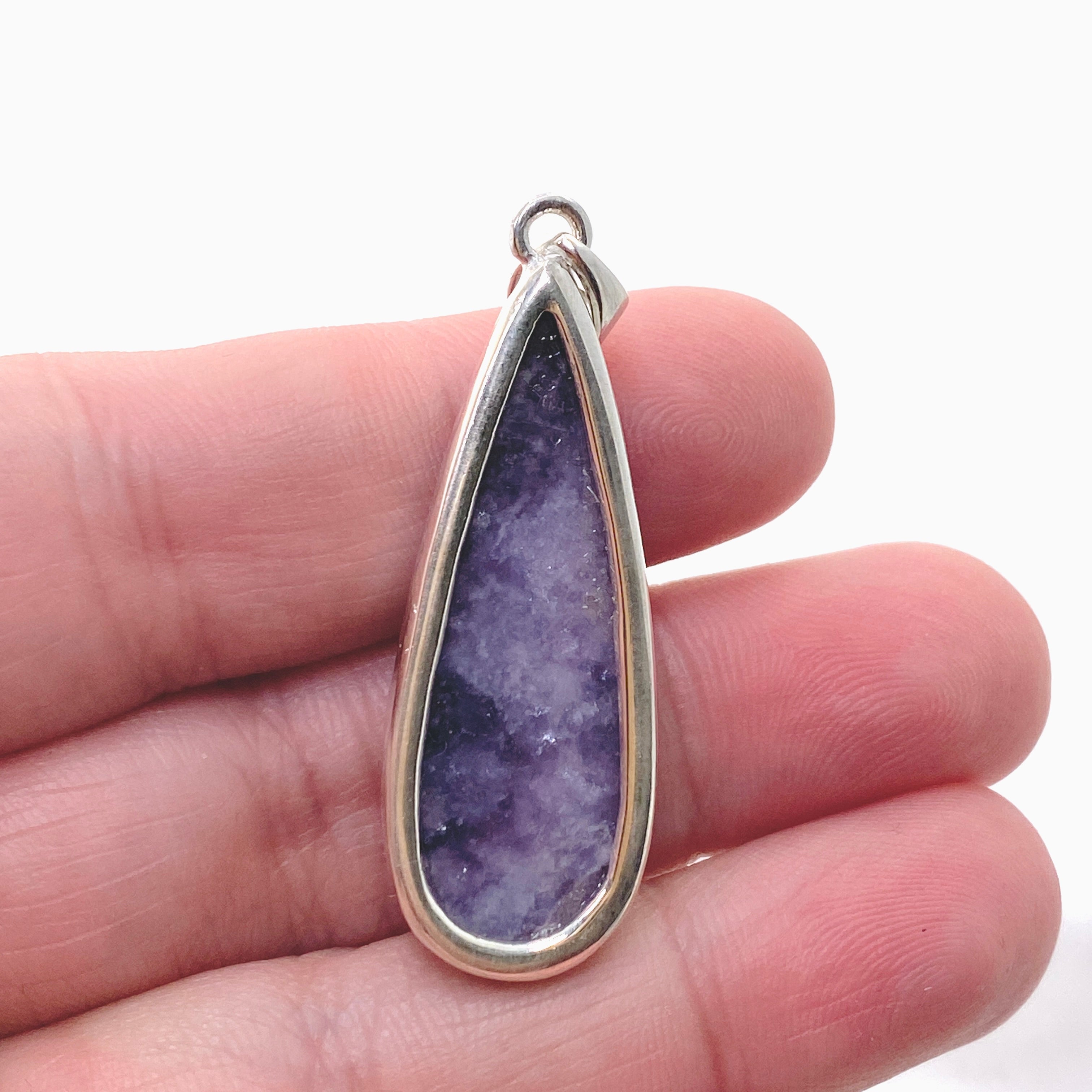 Lepidolite Teardrop Cabochon Pendant in Hammered Sterling Silver Setting KPGJ4610 - Healing Crystal Jewelry for Stress Relief & Meditation