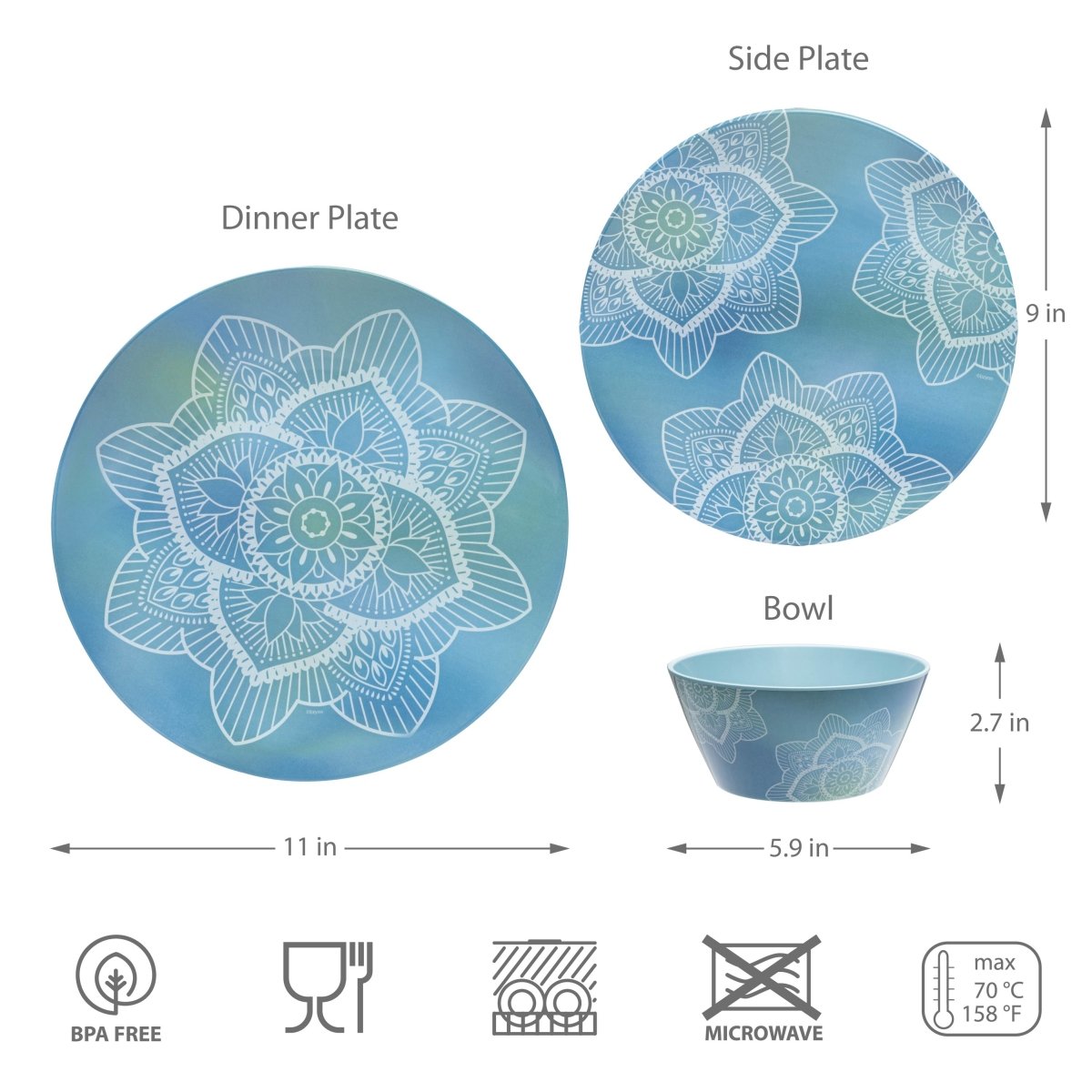 12-Piece La La Mandala Melamine Dinnerware Set - Ombre Blue Plates & Bowls for Outdoor Picnics, Parties, and Durable Everyday Use