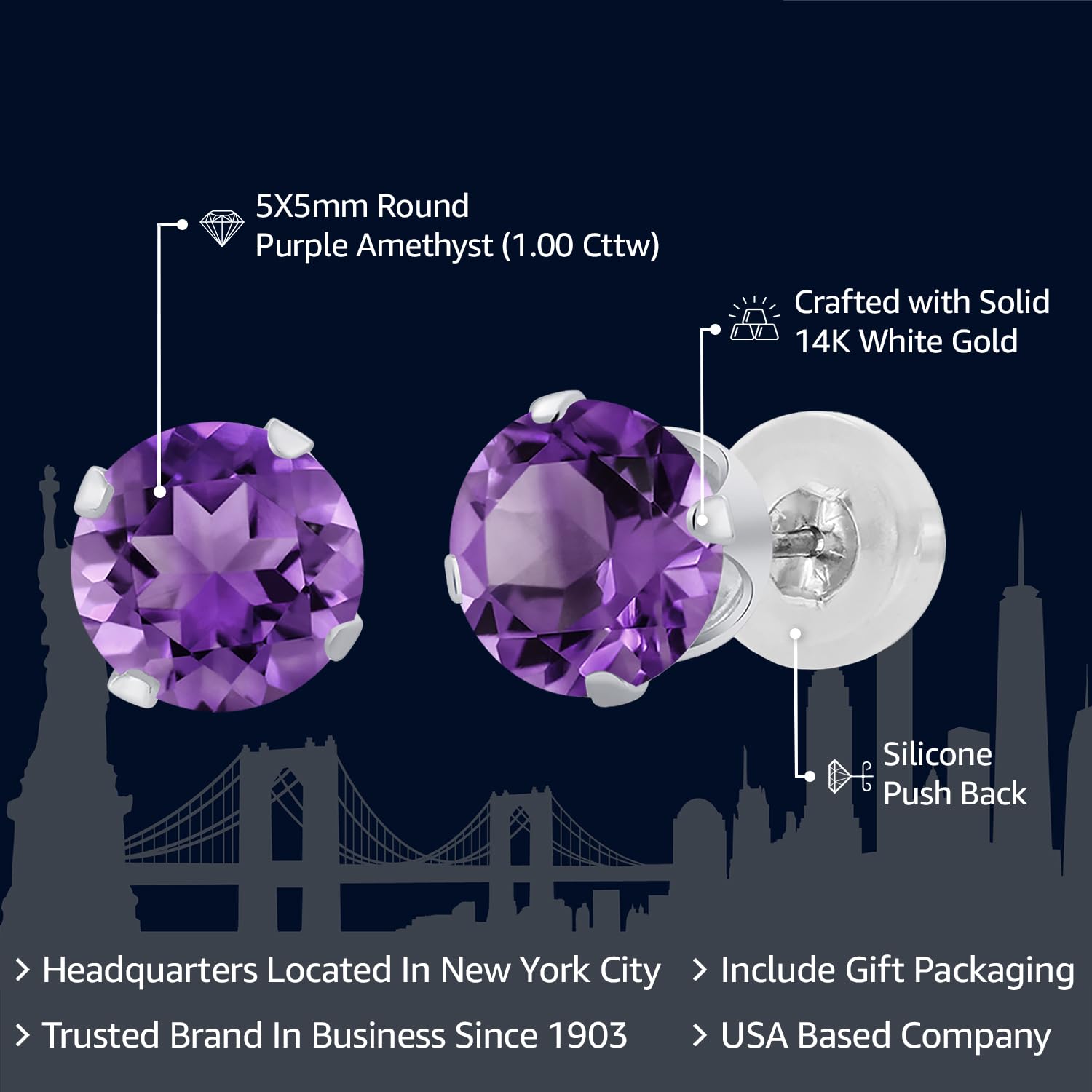 1.00 Cttw 14K White Gold Purple Amethyst Stud Earrings for Women & Men | February Birthstone Jewelry | Round 5MM Gemstone Earrings | Perfect Gift for Anniversary, Valentine's Day & Special Occasions