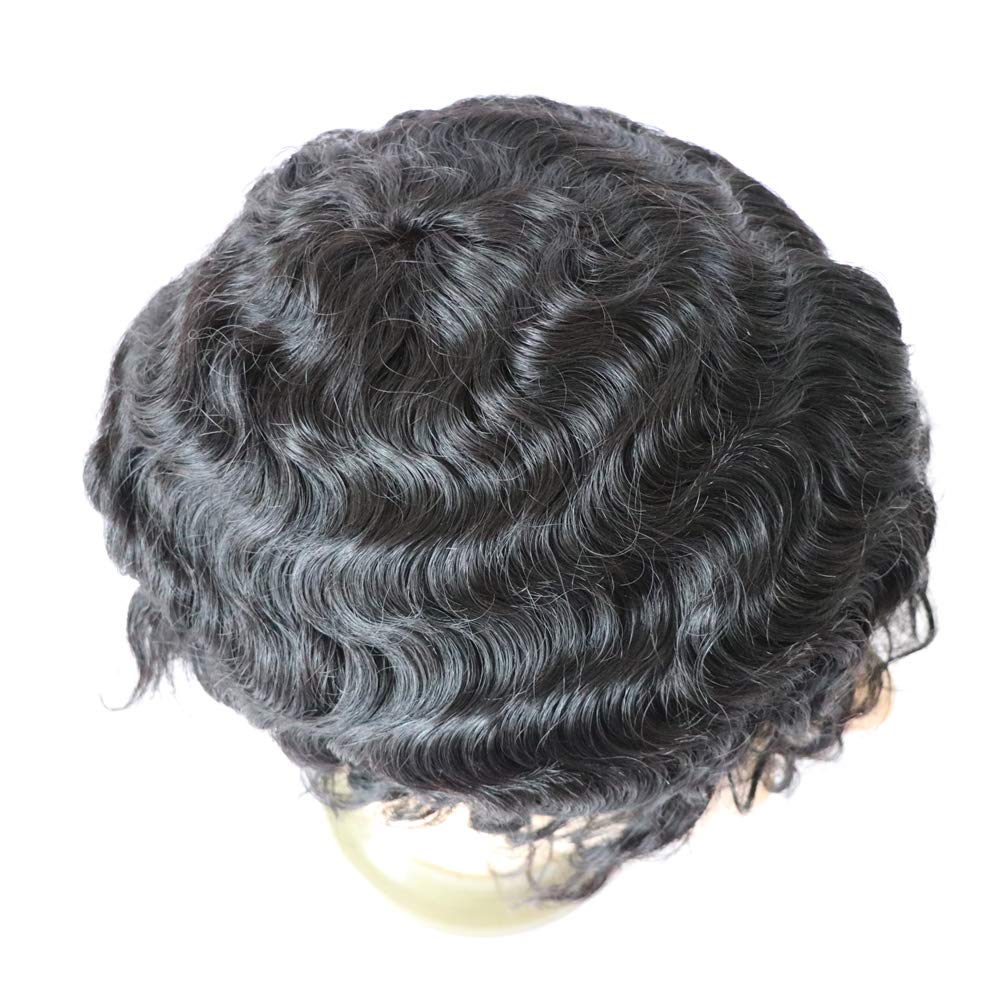 Men's French Lace Wave Hair Toupee 8x10 Inch - Afro Loose Curly Human Hair Replacement Piece #1B Off Black - 120% Medium Density - Perfect for Daily Wear, Cosplay & Hair Loss Solutions