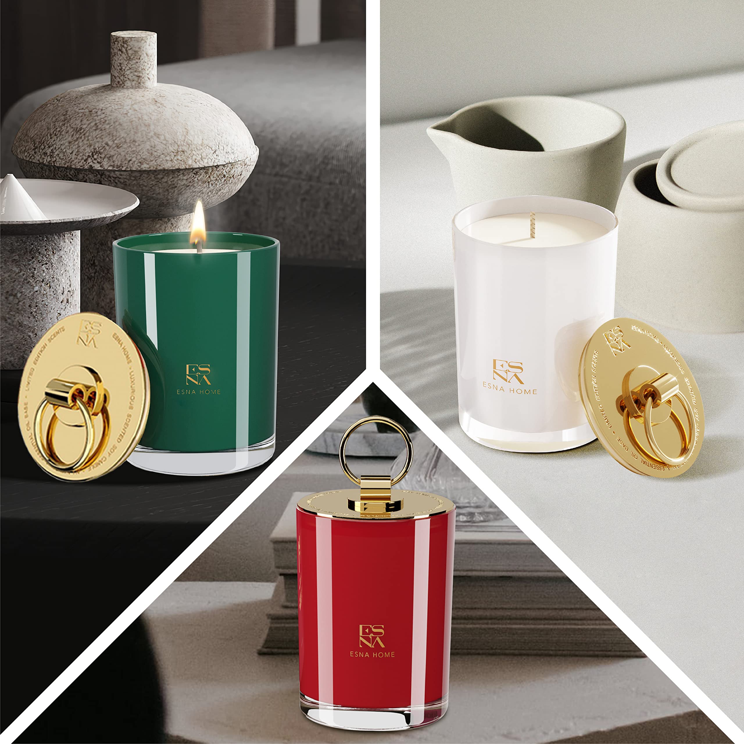 ESNA HOME Luxury Trio Gift Set - 3 Full-Size Aromatherapy Soy Candles | All Natural Scented Candles with 150-Hour Clean Burn | Perfect Holiday Gift Set in Hand-Sealed Box & Matching Sleeve | Ideal for Home Relaxation, Spa Nights & Thoughtful Gifting