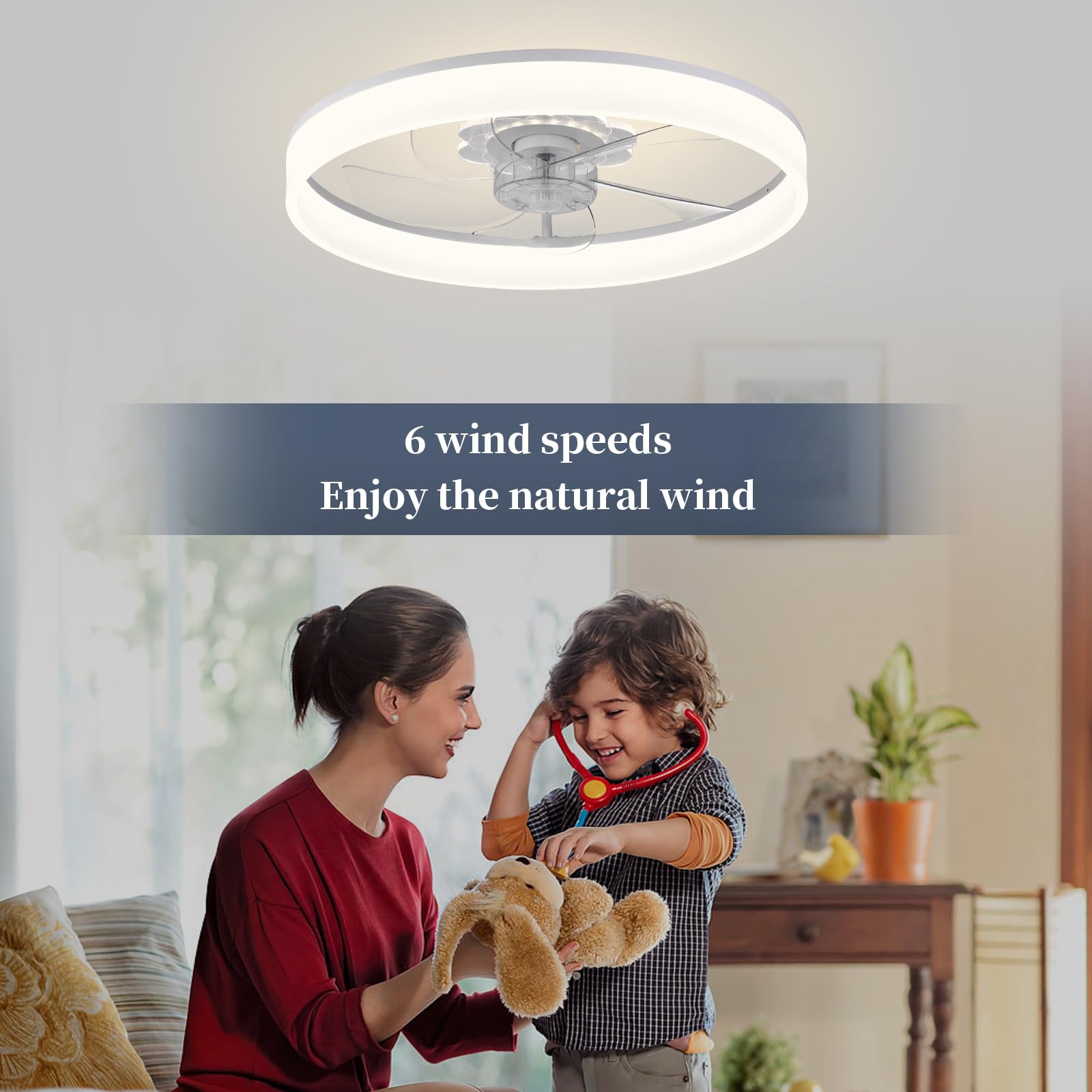 **20'' Low Profile Ceiling Fan with Light - 2024 Upgraded Flush Mount, 6-Speed Quiet DC Motor, Dimmable LED, App & Remote Control - Perfect for Bedroom, Living Room, Kitchen, Office (F116 White)**