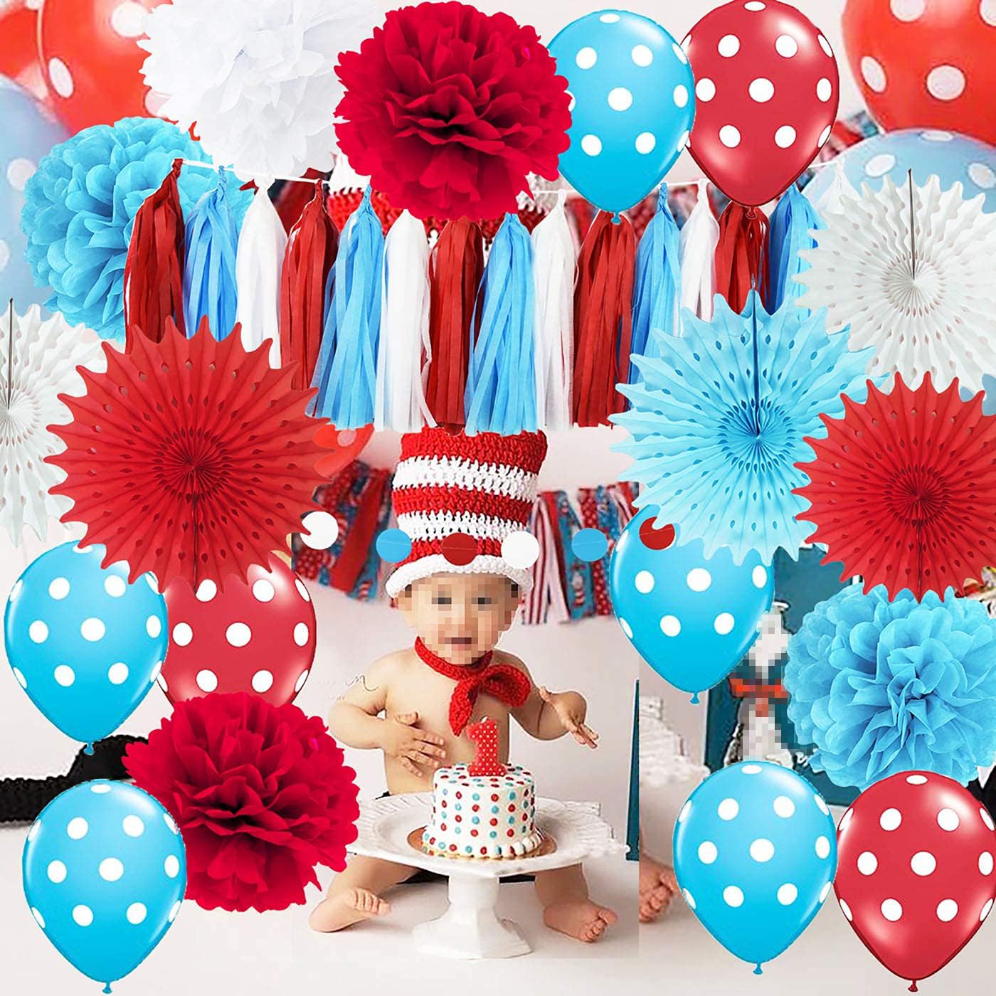 Dr Seuss Baby Shower & Cat in The Hat Birthday Decorations Set - Thing 1 Thing 2 Party Supplies with Turquoise, White & Red Balloons - Perfect for Dr Seuss Themed Parties, Baby Showers, and Kids Birthday Celebrations