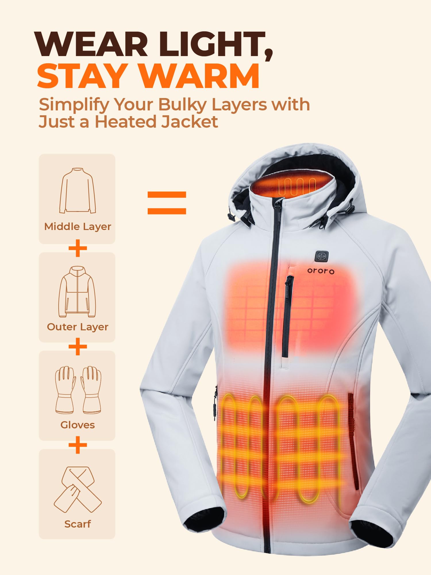 ORORO Women's Heated Jacket with 4-Zone Heating System - Battery Powered Winter Coat with Heated Collar (Charger Sold Separately) - Perfect for Outdoor Activities, Skiing, Hiking & Cold Weather Commutes