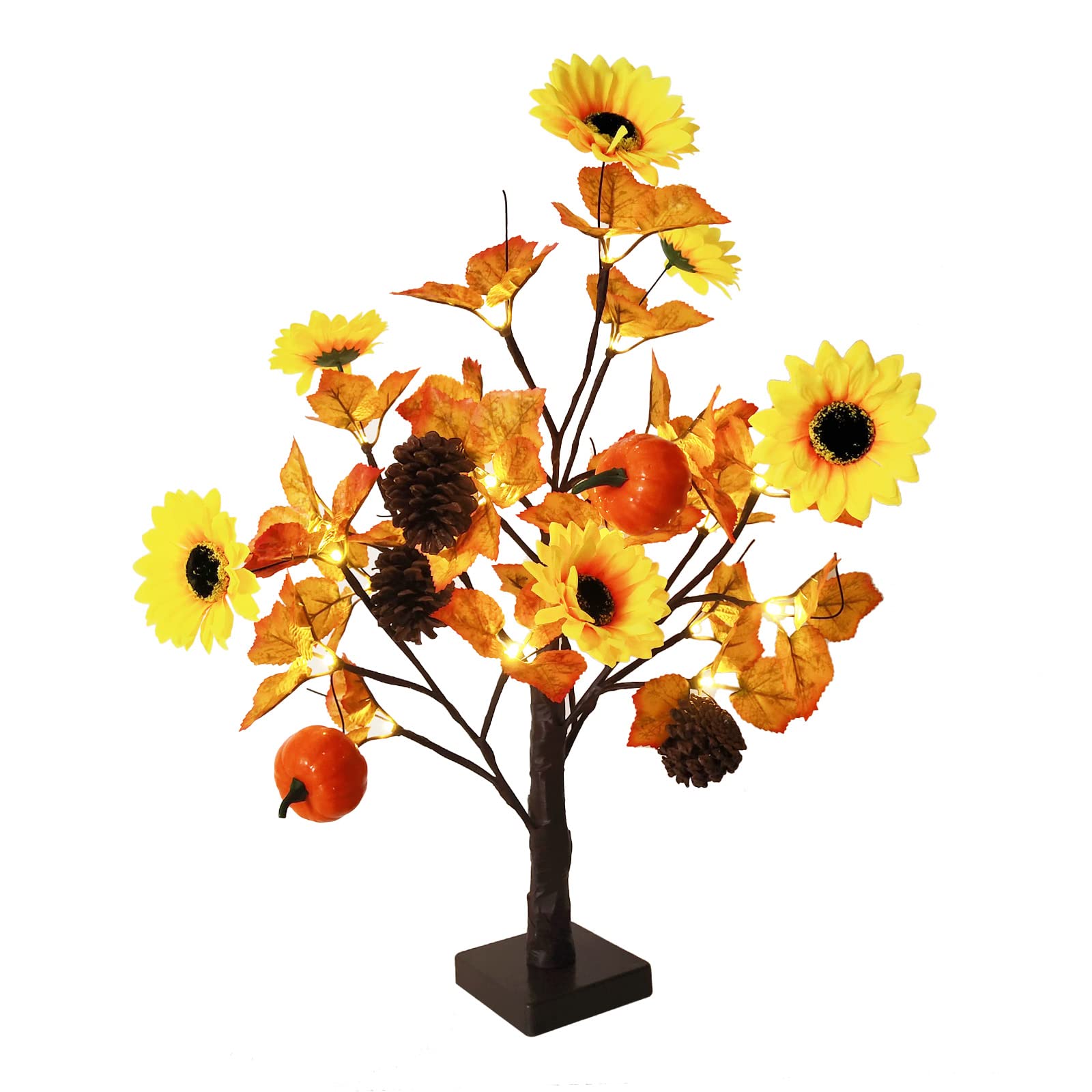 24Inch Fall Lighted Maple Tree with 24 LED Lights - Pumpkin Sunflower Thanksgiving Decor, Autumn Wedding Party Table Centerpiece, Indoor Outdoor Harvest Home Decoration for Living Room, Porch, Garden & Seasonal Events