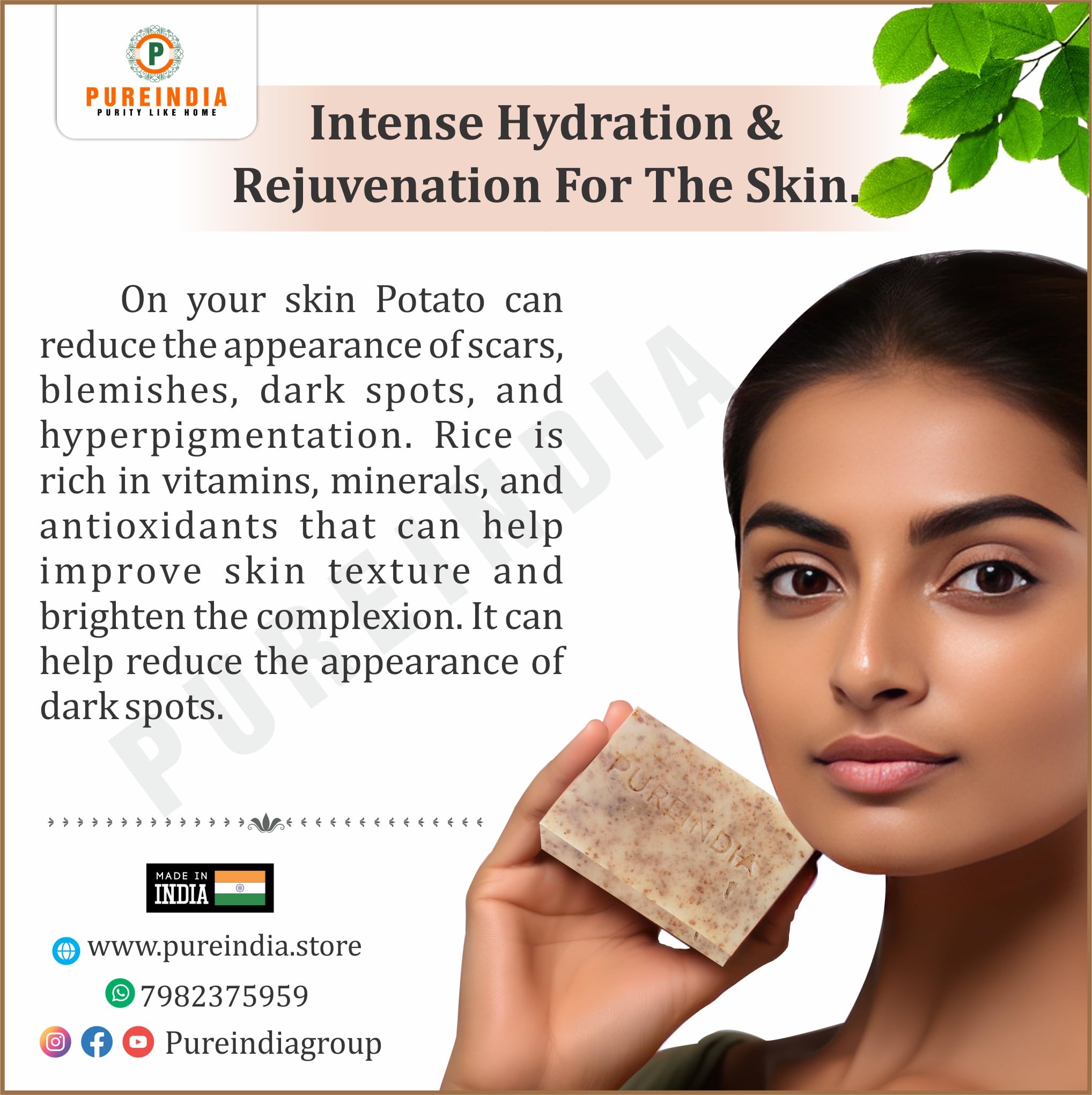 PureIndia Potato Rice Soap for Natural Skin Brightening & Pigmentation Reduction - Minimizes Pores, Deep Cleansing, 100g - Perfect for Daily Glow & Even Skin Tone | Ideal for Acne-Prone & Sensitive Skin Care Routine