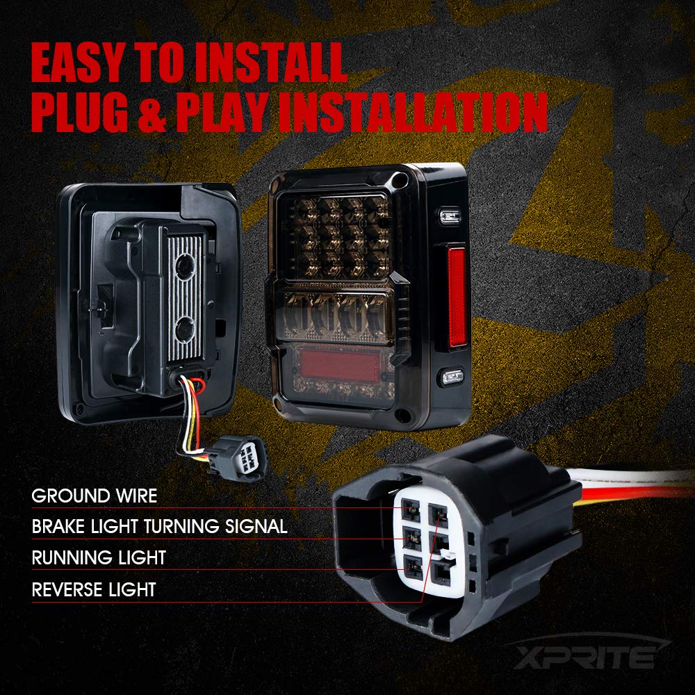 Xprite 4D Smoked LED Tail Lights for 2007-2018 Jeep Wrangler JK JKU Sahara/Rubicon/Sport - Plug & Play Rear Lights with Built-in Resistors (DOT Approved) - Parking, Brake, Turn Signal & Reverse Lights - Perfect for Off-Roading & Night Driving