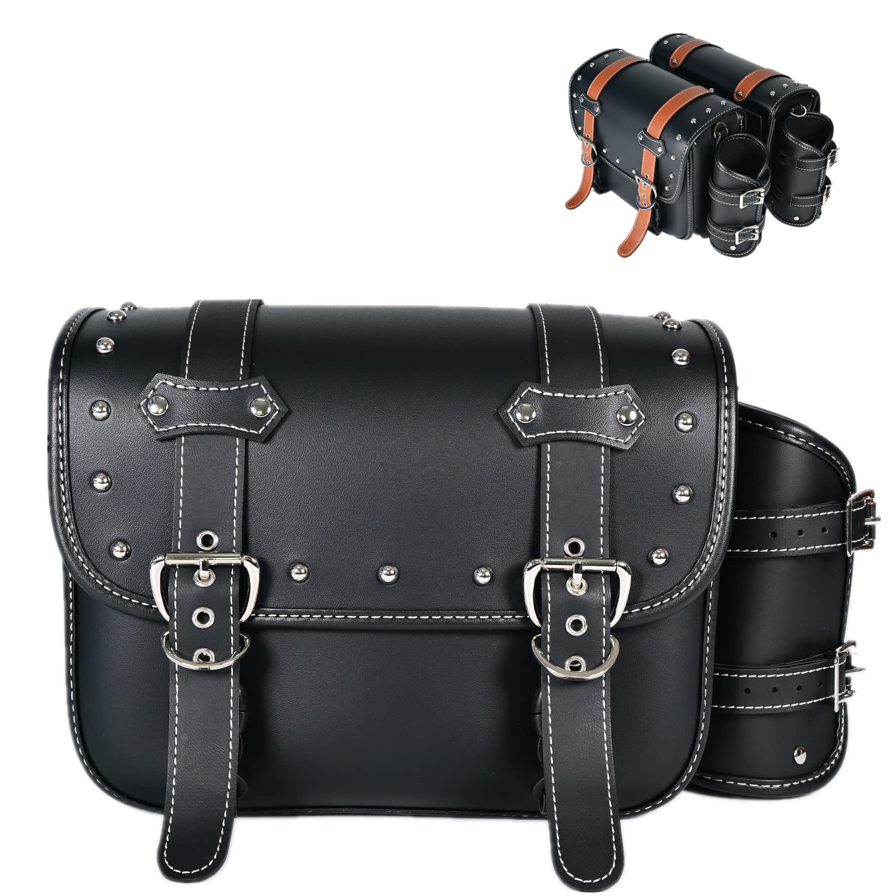 Waterproof PVC Leather Motorcycle Saddlebags - Universal Throw Over Panniers with Cup Holder & Side Tool Storage (1 Pair, Black with Brown Belt) | Durable Motorbike Luggage for Touring, Commuting & Adventure Rides