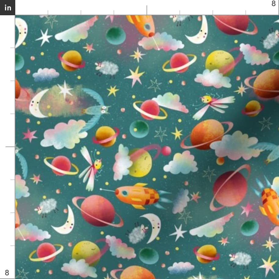 Planets Dream Space Flying Stars Moon Astronomy Printed Fabric - Petal Signature Cotton Fat Quarter for Sewing, Quilting, Apparel & Crafts | Perfect for DIY Home Decor, Space-Themed Bedding & Unique Gift Ideas