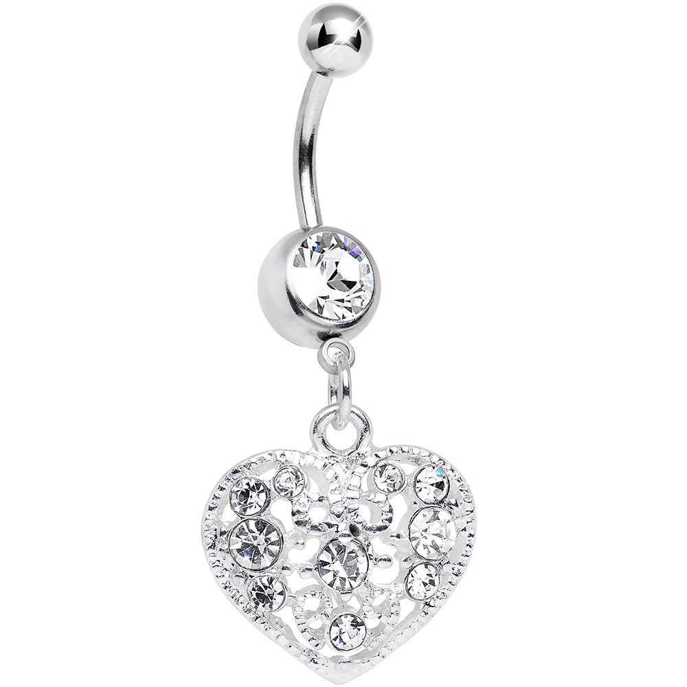 Body Candy Clear Lacy Heirloom Heart Dangle Belly Ring - Elegant Navel Piercing Jewelry for Women, Perfect for Parties, Beach & Everyday Wear