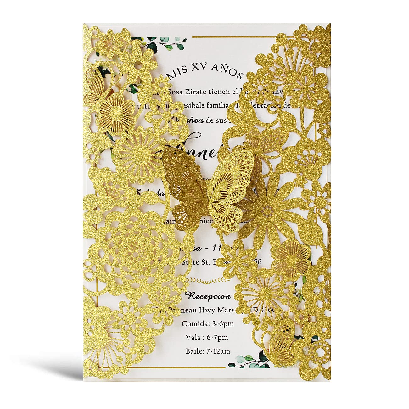 Premium 50PCS Gold Laser Cut Lace Wedding Invitation Cards with Butterflies & Envelopes - 5.12 x 7.3