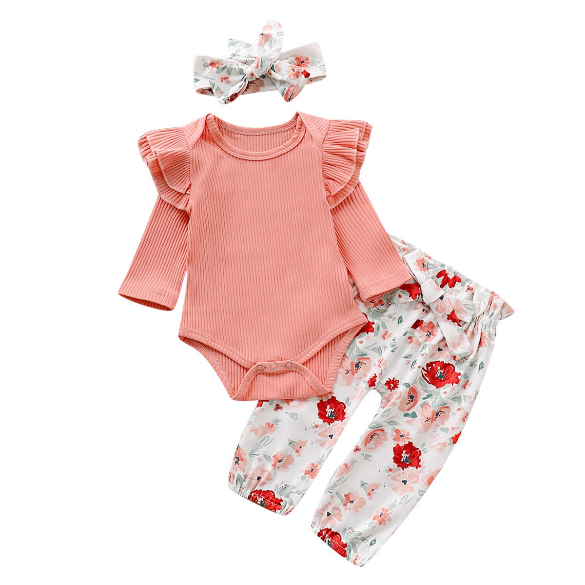 Newborn Baby Girl Outfits - Floral Ruffle Romper Bodysuit with Pants & Headband Set | Perfect for Photoshoots, Parties & Everyday Wear