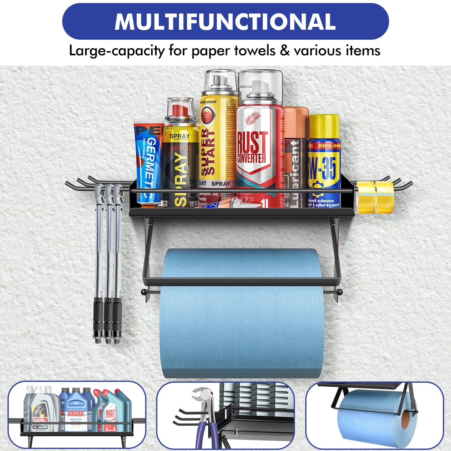 Premium Metal Garage Paper Towel Holder with Shelf & 6 Hooks - Wall Mount Organizer for Kitchen, Workshop & Garage - One-Hand Tear Design, Heavy Duty 50 lbs Capacity - Ideal for Quick Cleaning & Storage Solutions