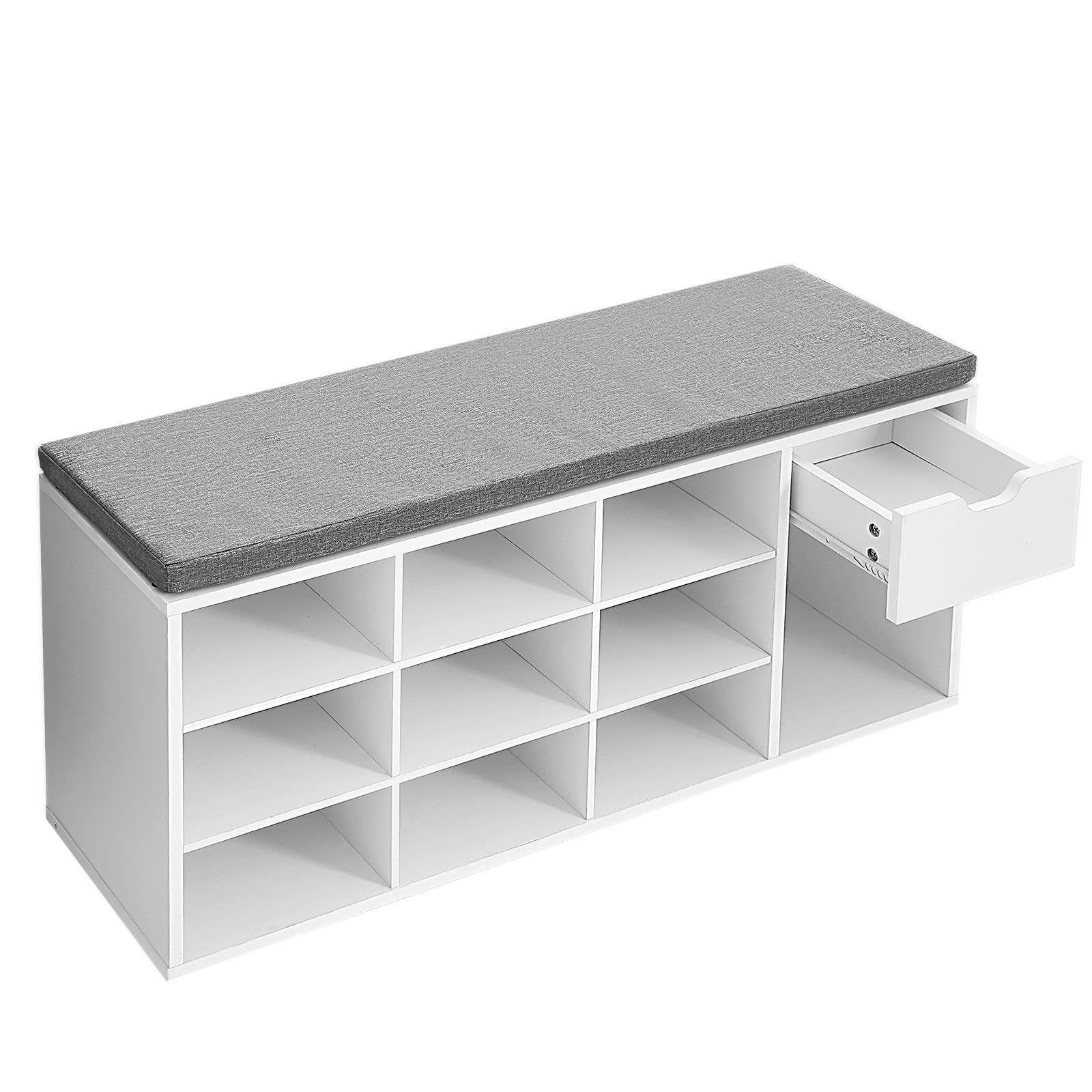 VASAGLE Storage Bench with Cushion, Entryway Bench with Drawer & Open Compartments, Multi-Purpose Storage Seat for Living Room, Bedroom, Closet - White & Gray ULHS24WT | Perfect for Small Space Organization & Entryway Seating