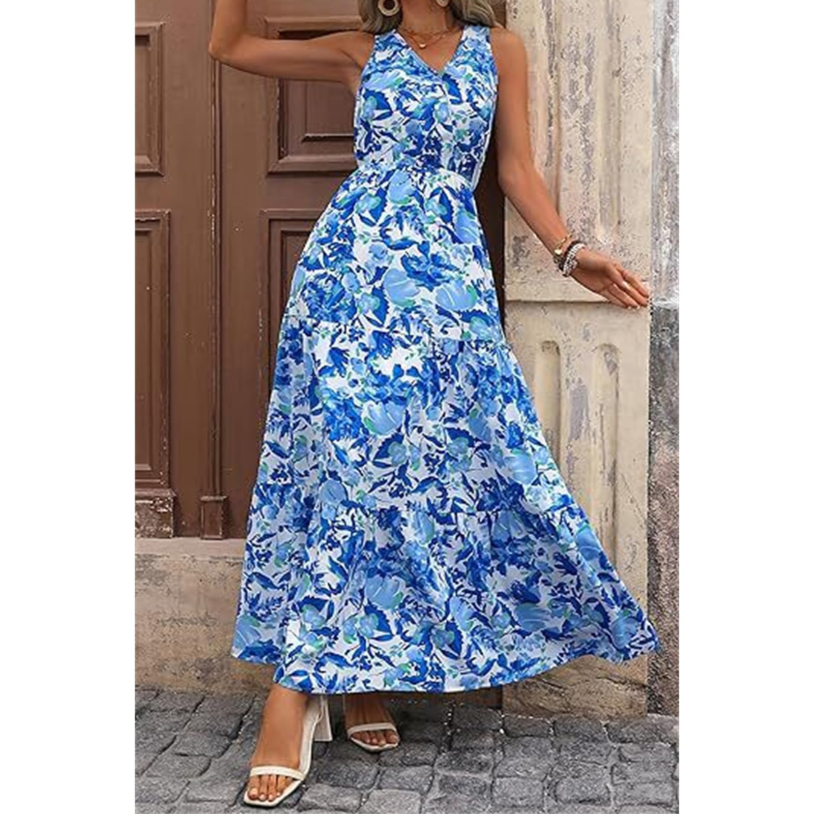 Boho Floral Maxi Dress for Women - Sleeveless Flowy Tiered Long Dress for Beach, Wedding Guest & Casual Wear | Summer Boho Chic Style