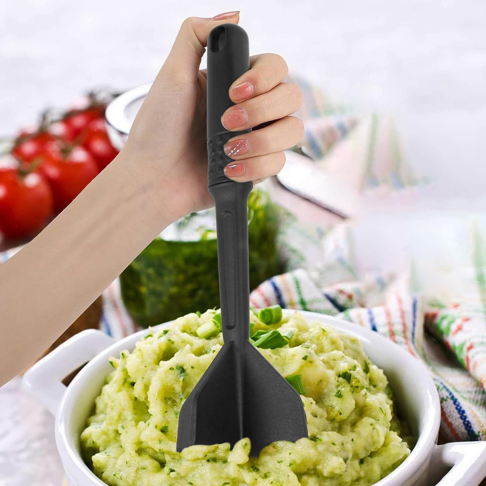 4-Blade Manual Hamburger Meat Chopper with Long Handle - Heavy Duty Ground Beef Mixer for Patties, Egg Salad & Mashed Potatoes - Perfect for Kitchen, BBQ & Food Prep