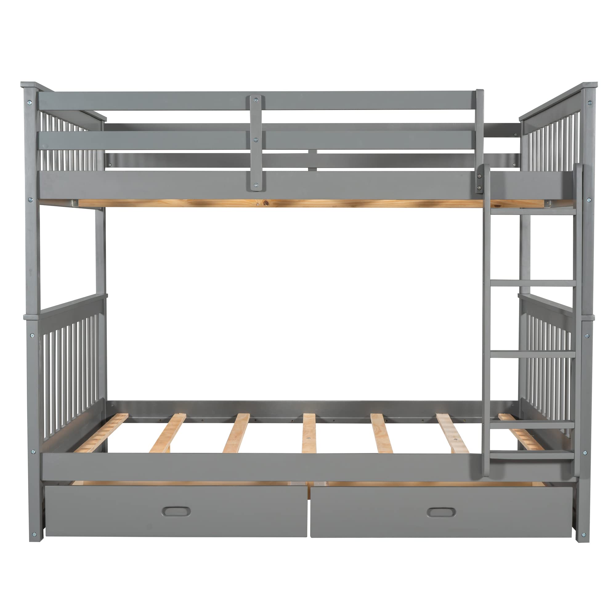 Harper & Bright Designs Full Over Full Bunk Bed with Storage Drawers - Solid Wood Bunk Bed Frame with Ladder - Space Saving Kids Bedroom Furniture for Siblings or Guests (Grey, Full Size)