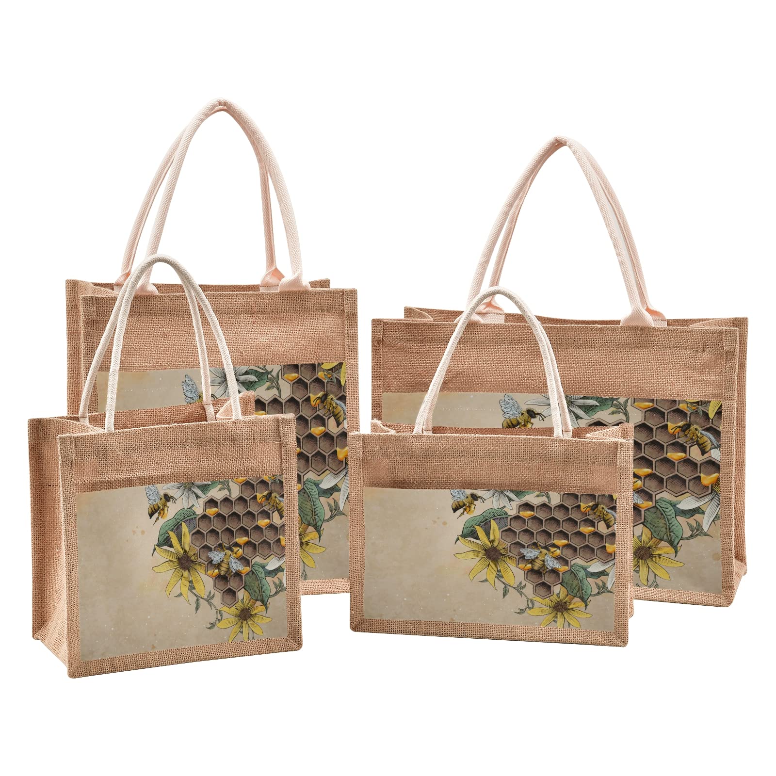 Honey Bee Tote Bag - Retro Jute Handbag for Shopping & Beach