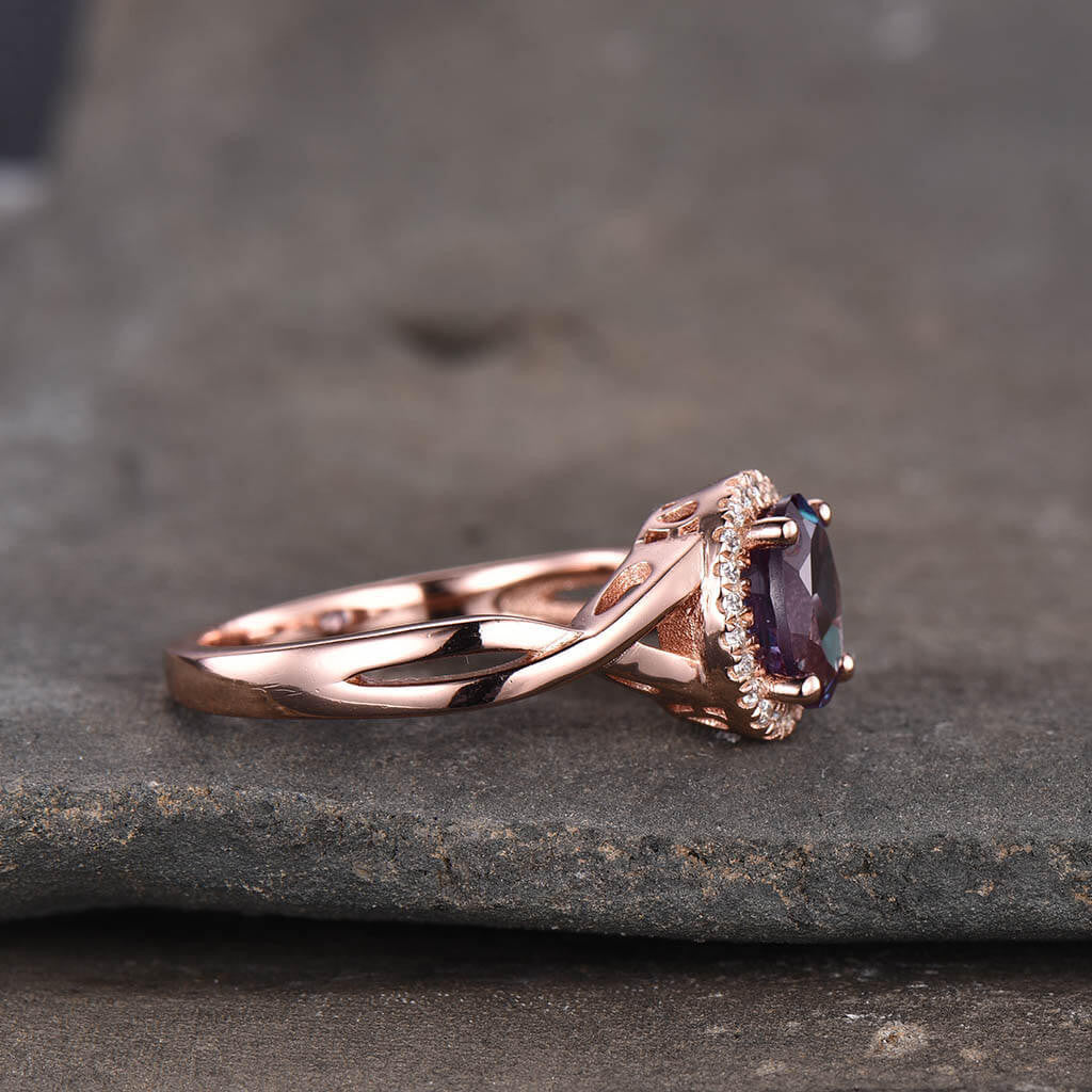 14K/18K Oval Lab Alexandrite Engagement Ring with Infinity Diamond Halo & Criss Cross Design - Perfect for Proposals, Anniversaries & Special Occasions