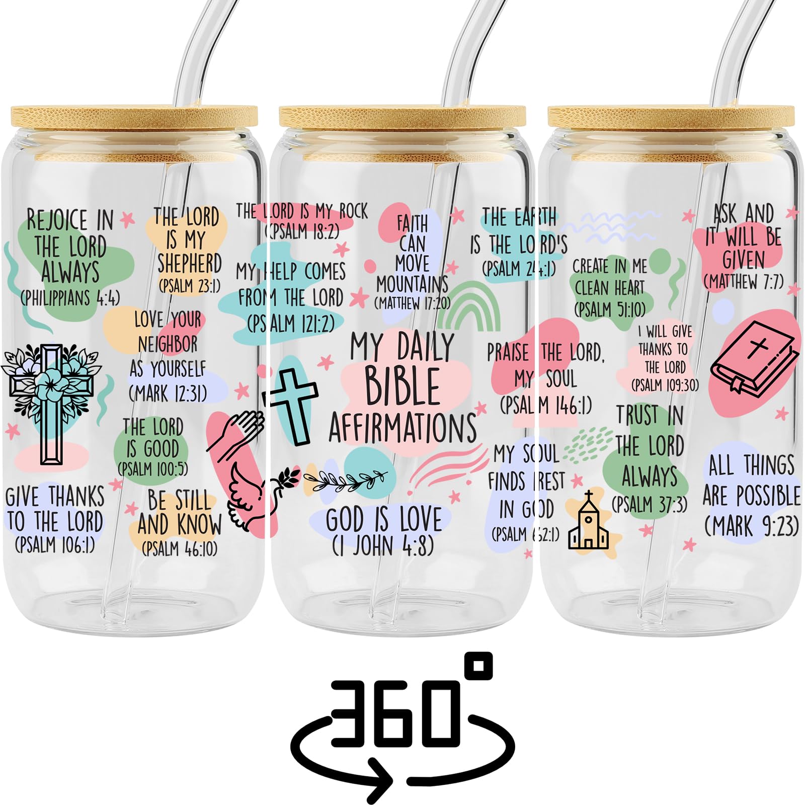 16oz Christian Glass Tumbler with Lid & Straw - Inspirational Bible Verse Prayer Cup for Women, Religious Gift for Easter, Friends, Daily Coffee & Iced Tea Use at Home, Work or Church