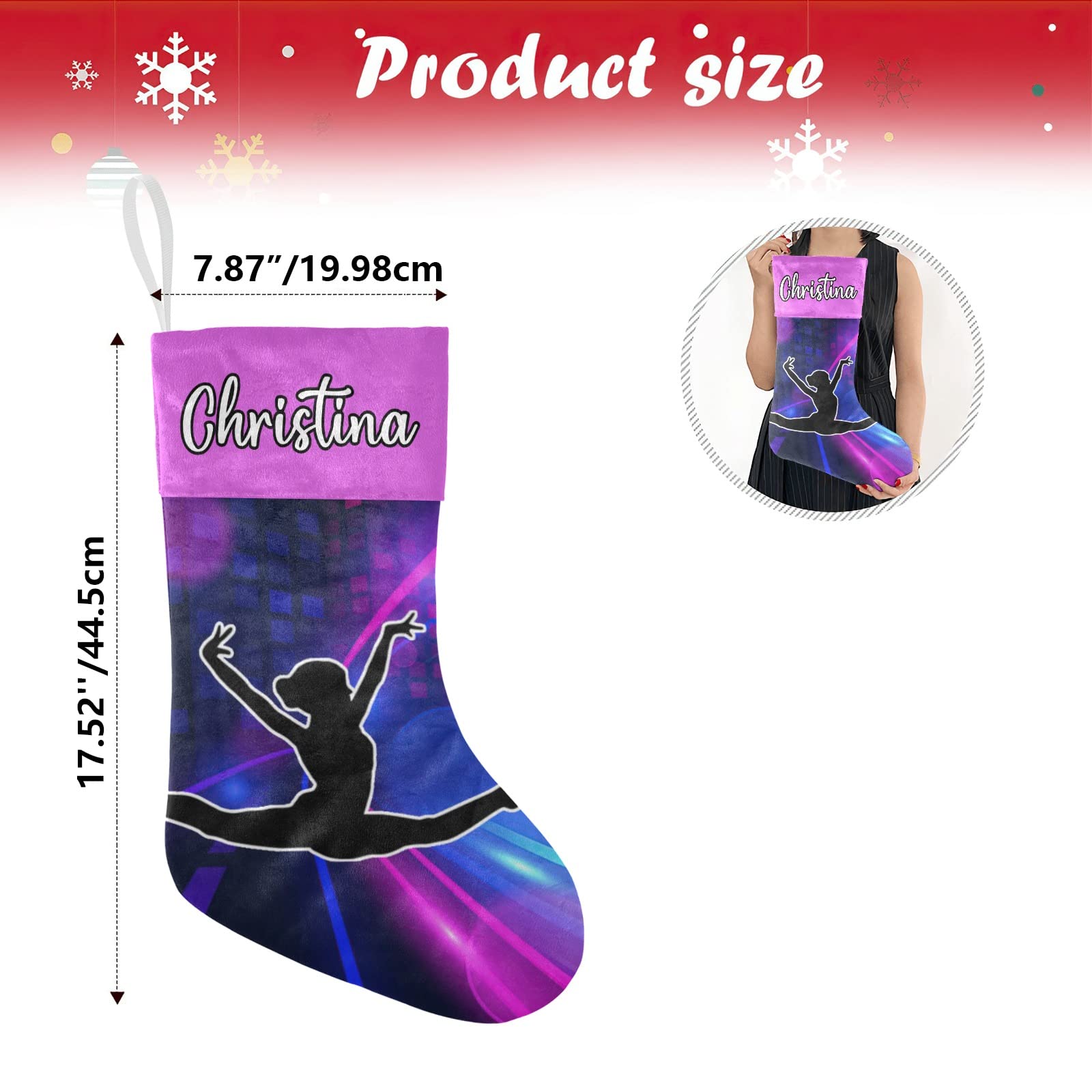 Personalized Christmas Stocking for Gymnasts - Custom Name Embroidered Holiday Stockings - 17.52 x 7.87 Inch Family Xmas Decor - Perfect for Gymnastics Team Gifts, Christmas Party Decorations & Fireplace Mantel Display