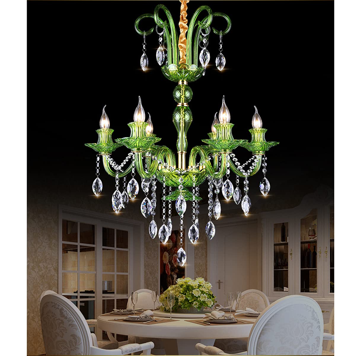Elegant Modern Crystal Chandelier - 6-Light Candle Candelabra Pendant Ceiling Fixture for Dining Room, Living Room, Bedroom - Green Glass Hanging Lights for Home Decor and Special Occasions