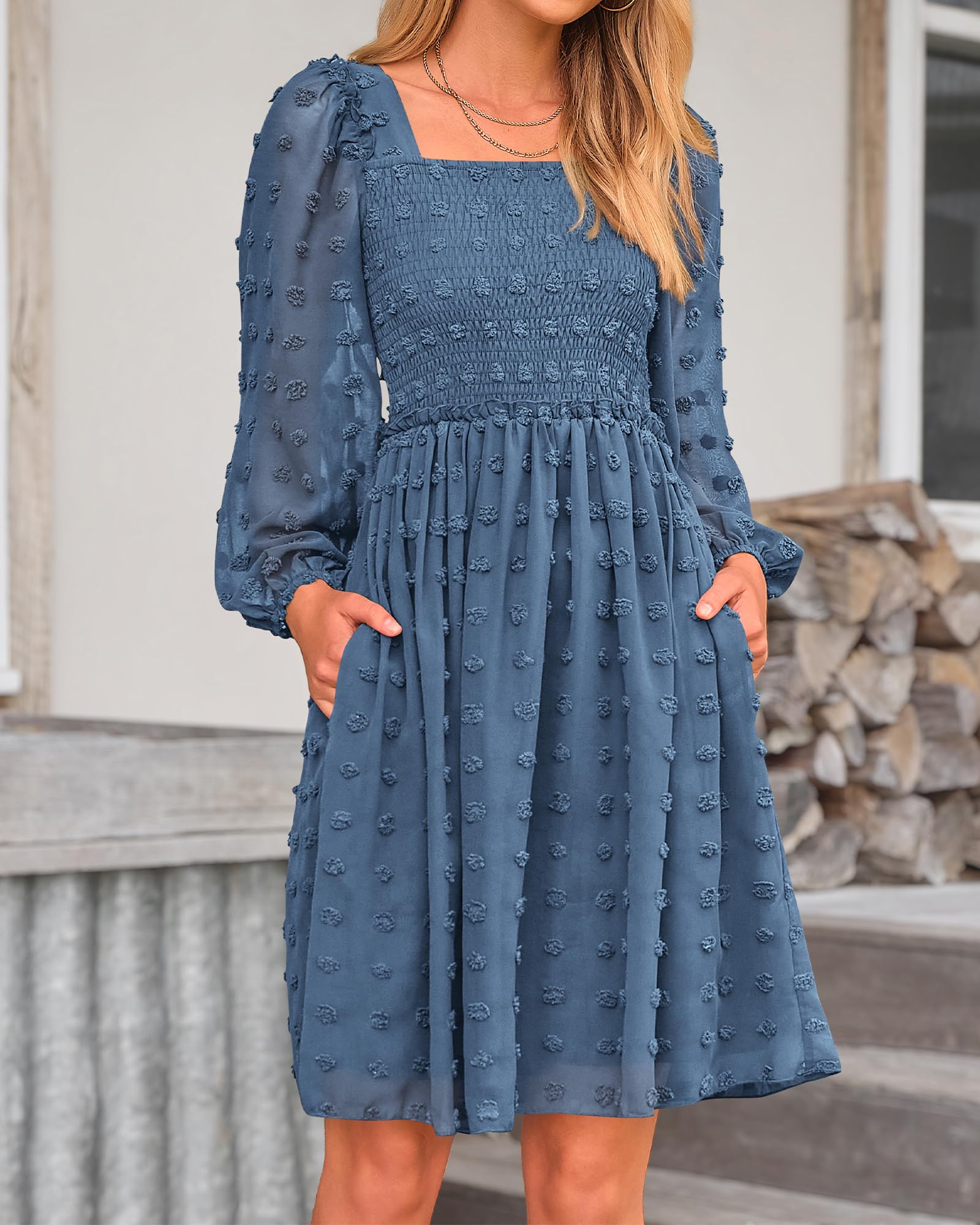 BTFBM Women's Floral Swiss Dot Smocked Mini Dress - Square Neck Long Sleeve Boho Wedding Guest Dress for Spring & Summer 2025 | Perfect for Garden Parties, Bridal Showers & Date Nights
