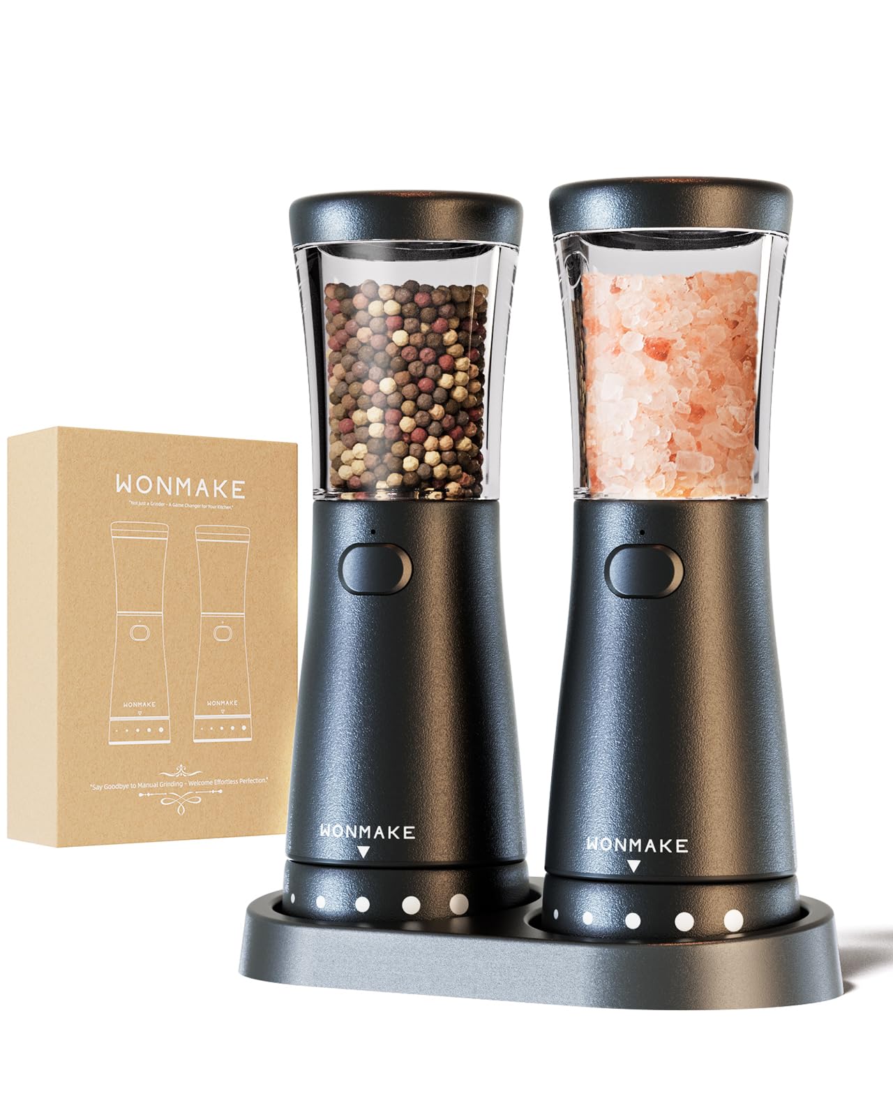 Premium Electric Salt and Pepper Grinder Set - Rechargeable Battery, Adjustable Coarseness, 4.5oz Large Capacity - Wide Mouth Design with Storage Base for One-Hand Operation - Perfect for Cooking, BBQ, Dining & Kitchen Use