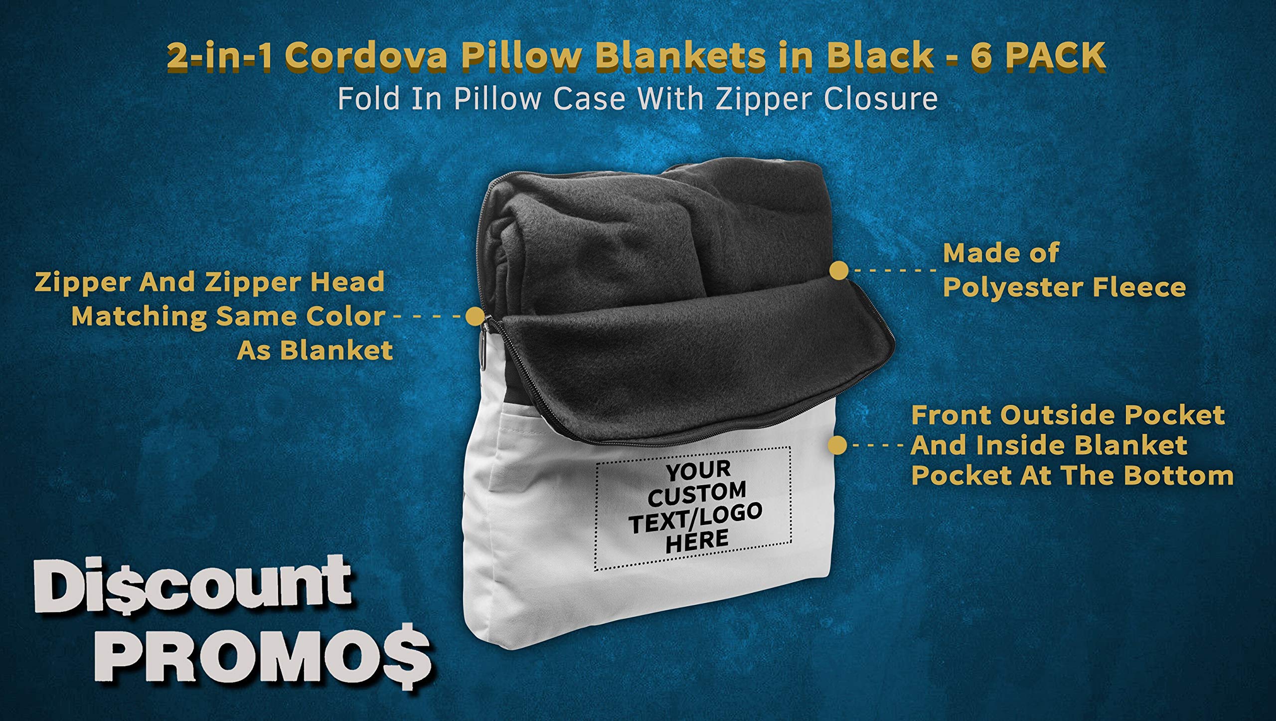 2-in-1 Cordova Pillow Blanket Set with Custom Text & Logo - Soft Fleece Blanket with Front Pocket - Black - Perfect for Home, Office, Travel & Gifts