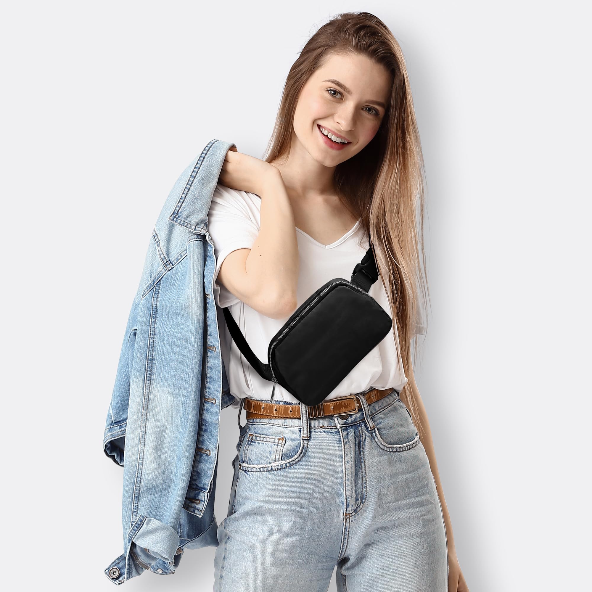 JSJ Mini Black Fanny Pack for Women & Men - Trendy Crossbody Belt Bag for Everyday Use | Valentine's Day Gift for Her, Daughter, Sister & Teens | Perfect for Travel, Gym, Running & Shopping (Black)