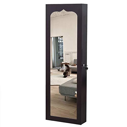 Wooden Wall Mounted Jewelry Storage Cabinet with 4-Layer Shelf, 6 Drawers & 8 Blue LED Lights - Dark Brown Mirror Organizer for Necklaces, Rings & Accessories | Perfect for Bedroom, Bathroom & Dressing Room Decor