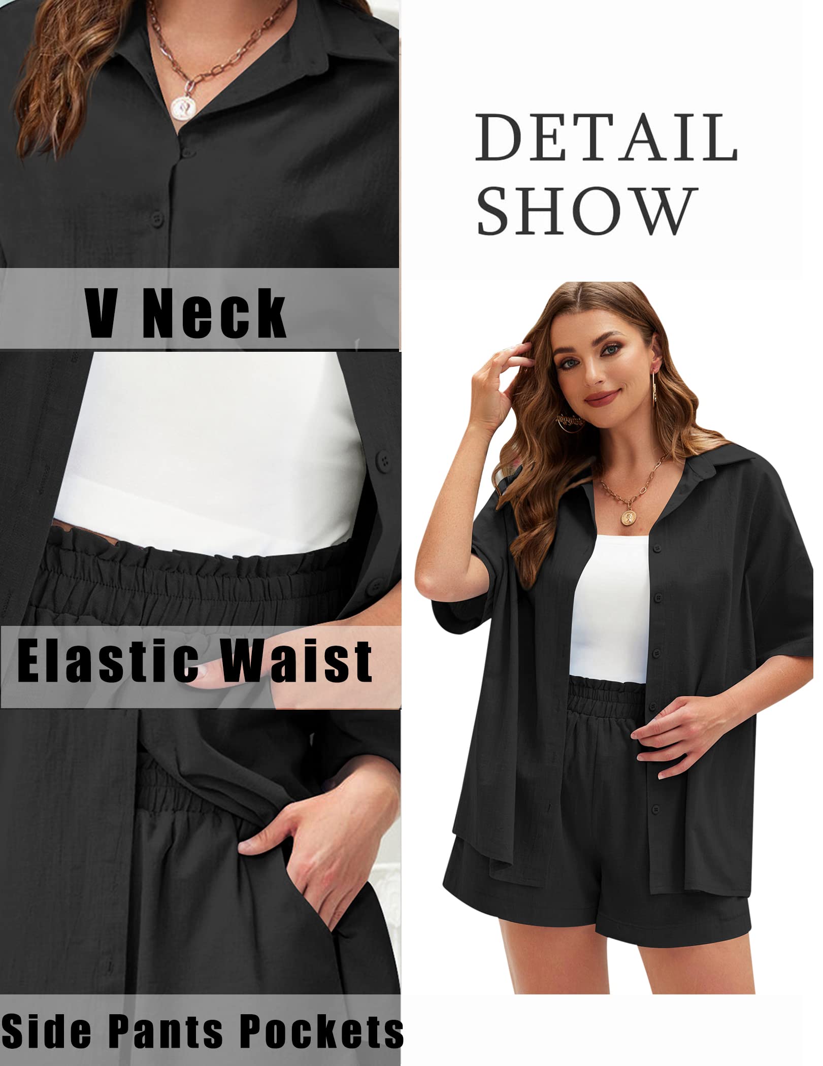 IN'VOLAND Women's Plus Size 2 Piece Cotton Linen Tracksuit Set - Short Sleeve Shirt & Casual Shorts for Summer | Lounge Wear, Vacation Outfit, Street Style Fashion