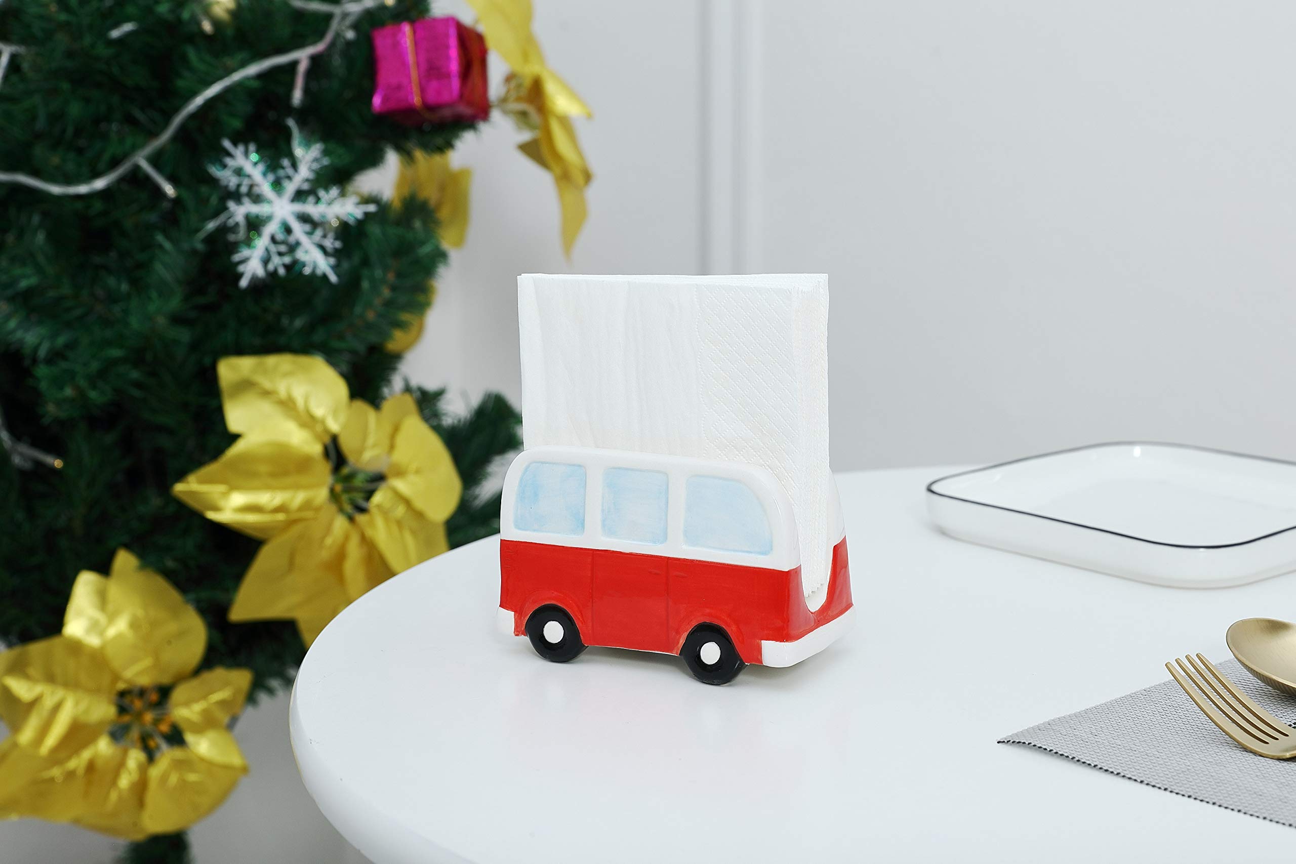 Hand Painted Christmas Ceramic Napkin Holder - Holiday Van Design for Table Decor | Perfect for Holiday Parties, Dinner Tables & Festive Home Decor