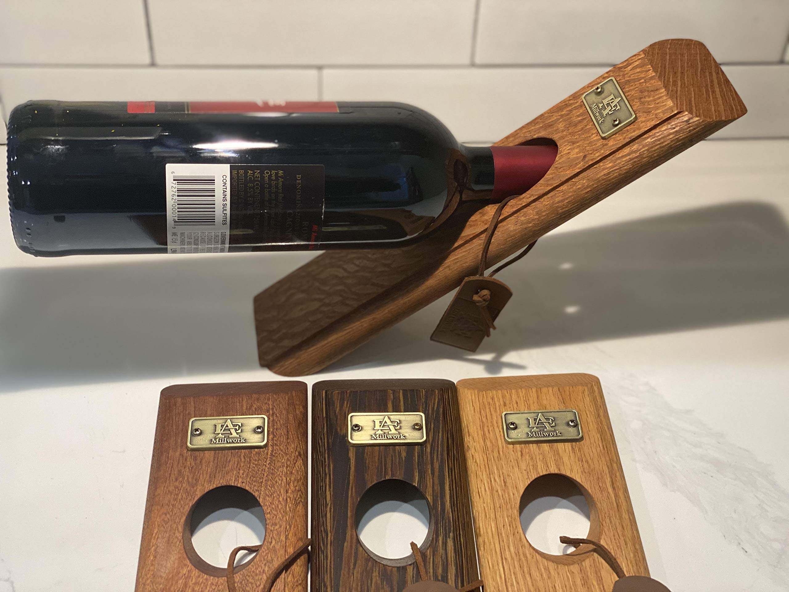 Premium Wood Self-Balancing Wine Bottle Holder with Brass Opener - Free Standing Countertop Decor for Kitchen, Bar & Living Room - Handcrafted in USA | Perfect for Wine Storage, Entertaining & Home Decor