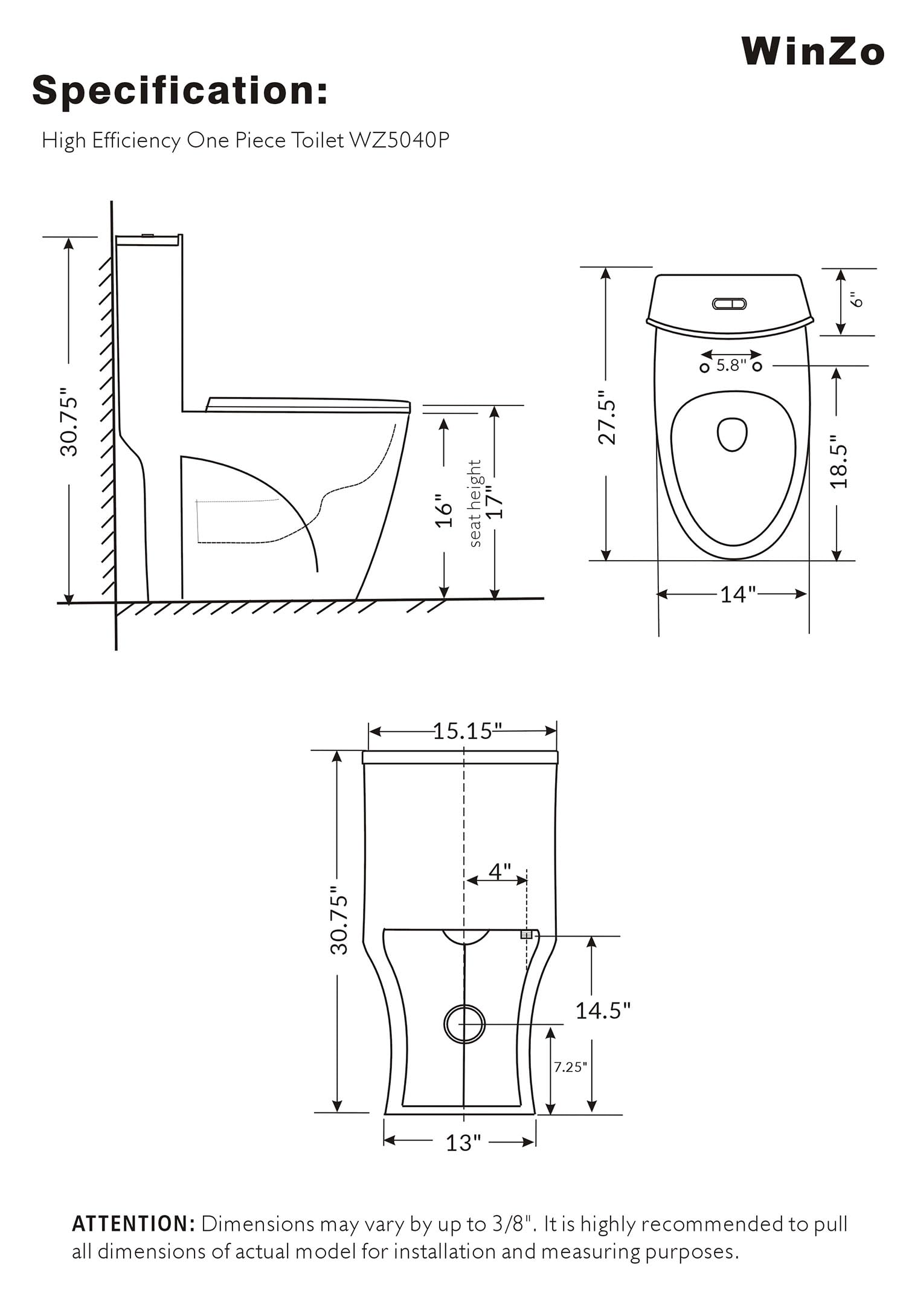 WinZo WZ5040P Elongated One-Piece Toilet - High-Efficiency Dual Flush 1.1/1.6 GPF, Soft-Close Seat, Wall Discharge Horizontal Outlet - Perfect for Small Bathrooms, Basements & Macerating Systems - White