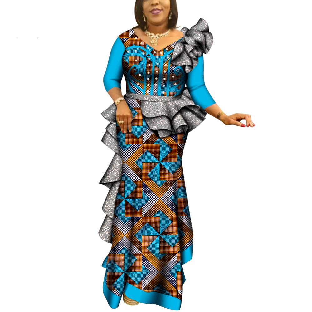 Elegant African Ankara Dress for Women - V-Neck Pearl Embellished Bridesmaid & Wedding Party Gown - Plus Size African Print Fashion - Perfect for Cultural Events, Bridal Showers & Special Occasions