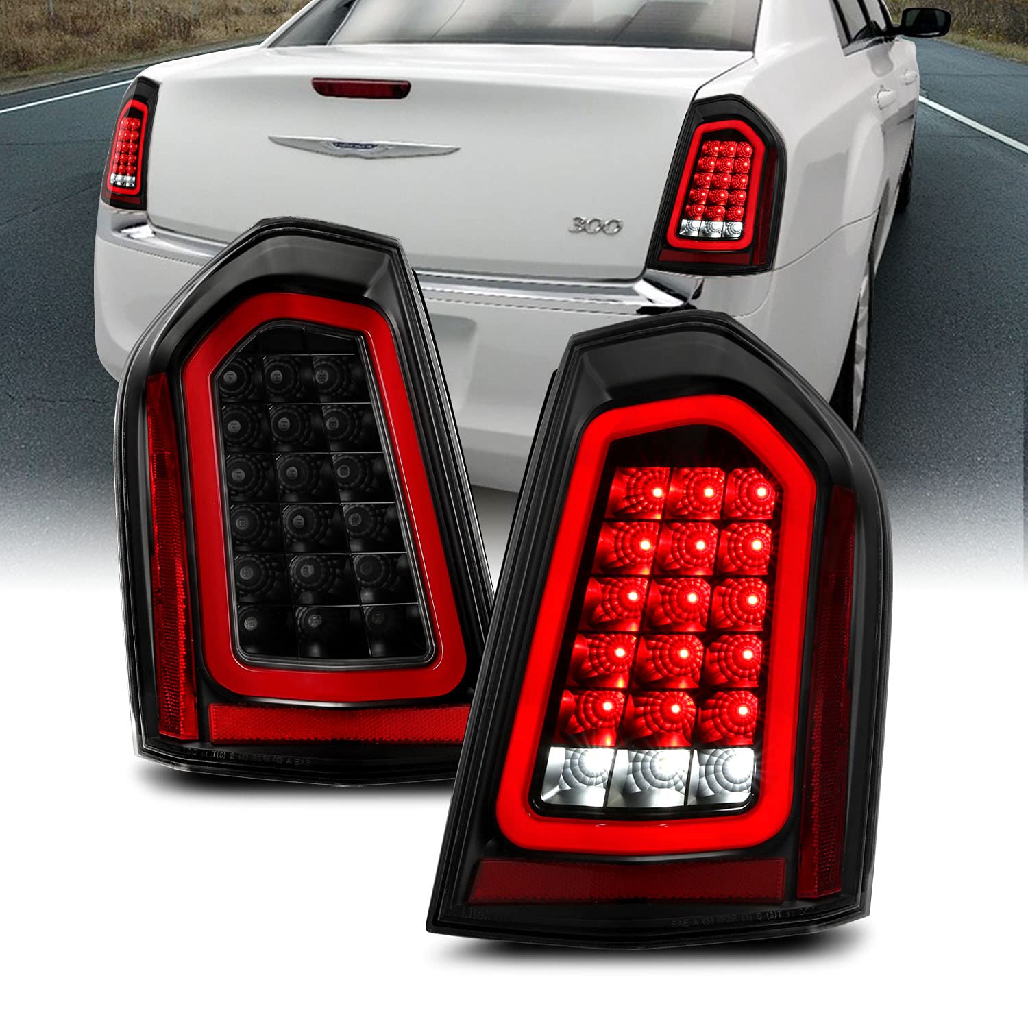 AmeriLite Full Intense LED Tail Lights Brake & Reverse Parking Light Bar for 2011-2014 Chrysler 300 Sedan - Black Housing Vehicle Light Assembly - Upgrade Your Car's Style & Safety for Night Driving & Parking