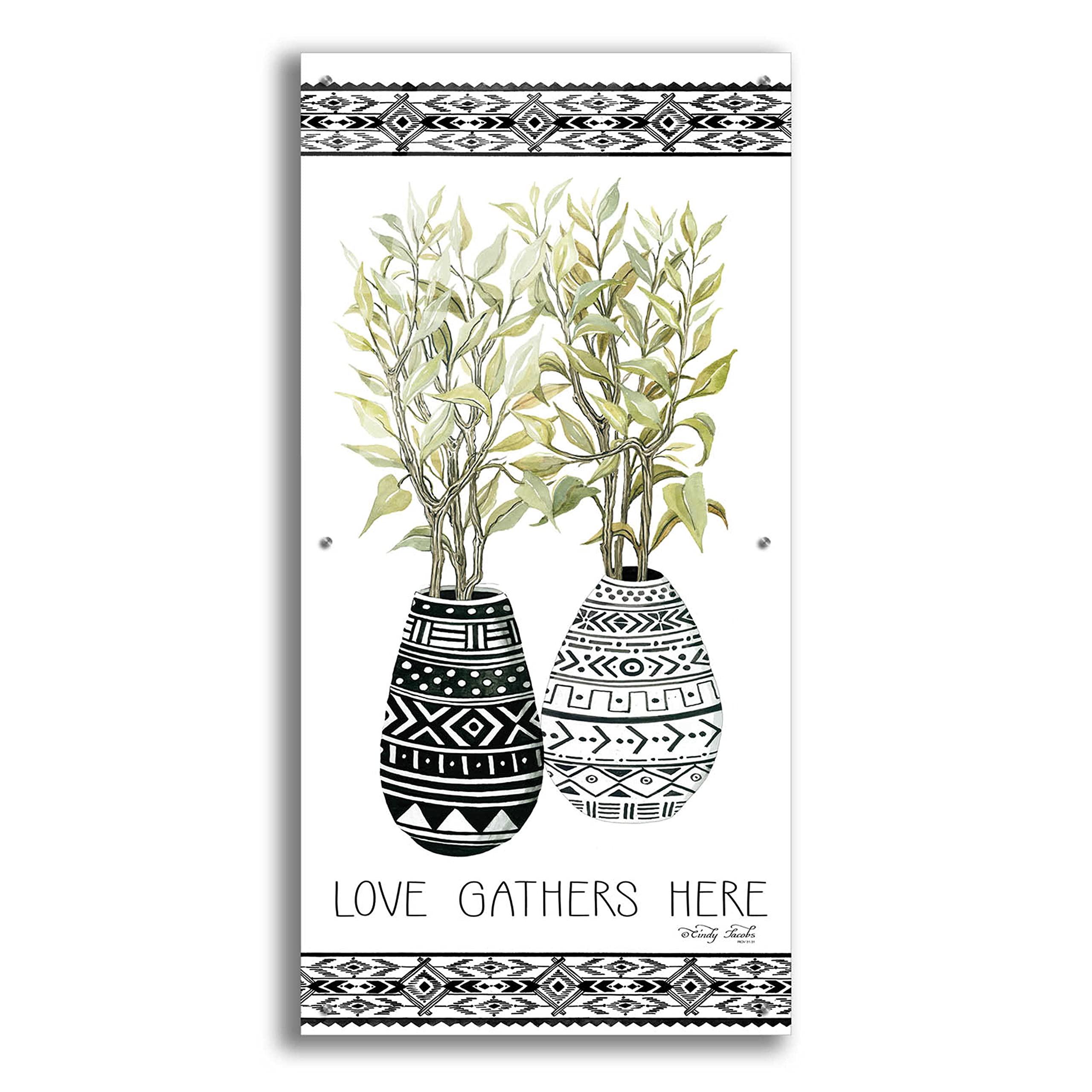 Epic Art 'Love Gathers Here' Mud Cloth Vase Wall Decor by Cindy Jacobs - 24x48 Inch Acrylic Glass Canvas Painting for Living Room, Bedroom & Office