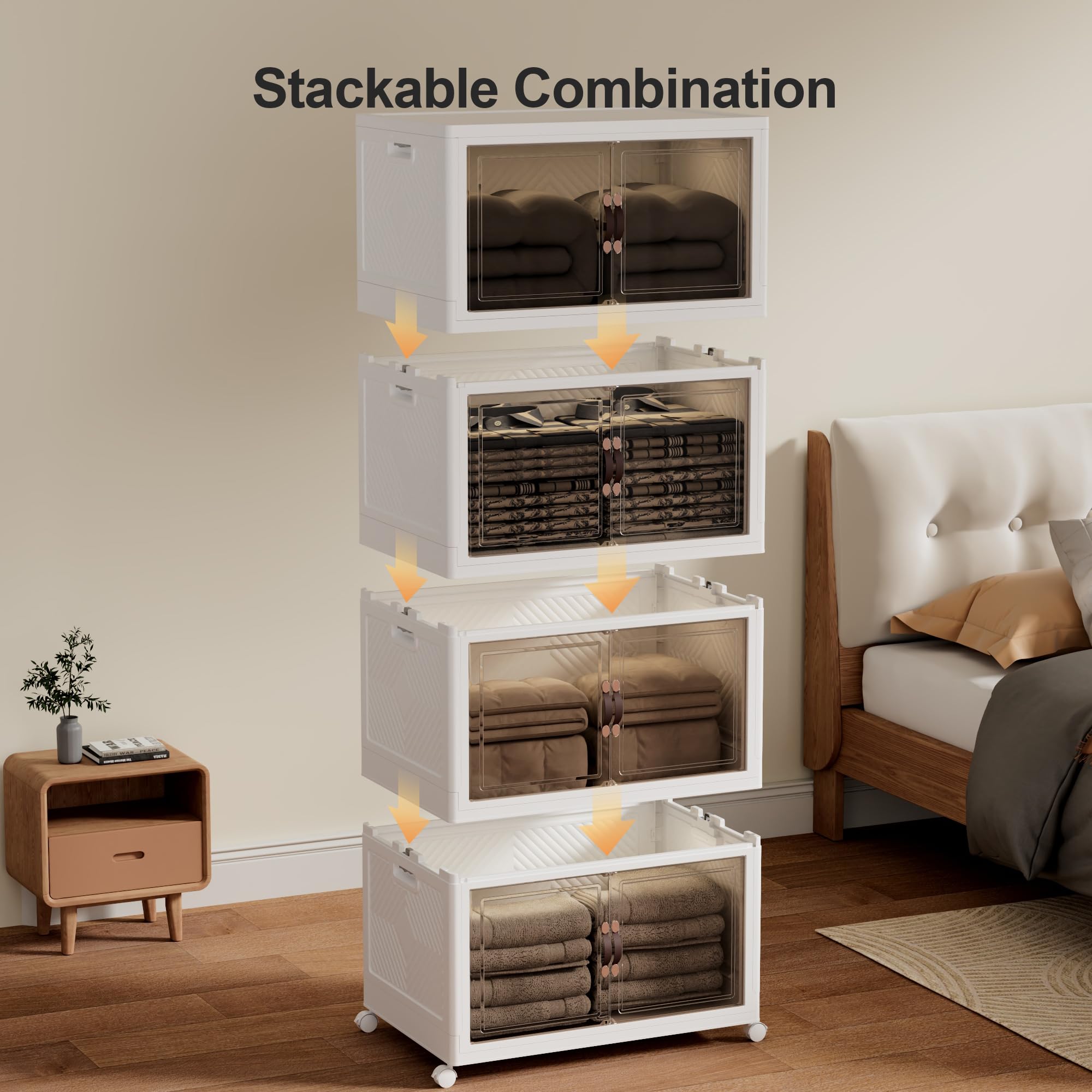 JOYMOOP 198.4 Quart Collapsible Storage Bins with Wheels & Door - Foldable Plastic Organizer Box for Clothes, Books, Toys & Home Organization (XL, 12.4 Gallon, 4-Tier Stackable) - Perfect for Closet, Garage, Playroom & Office Storage Solutions